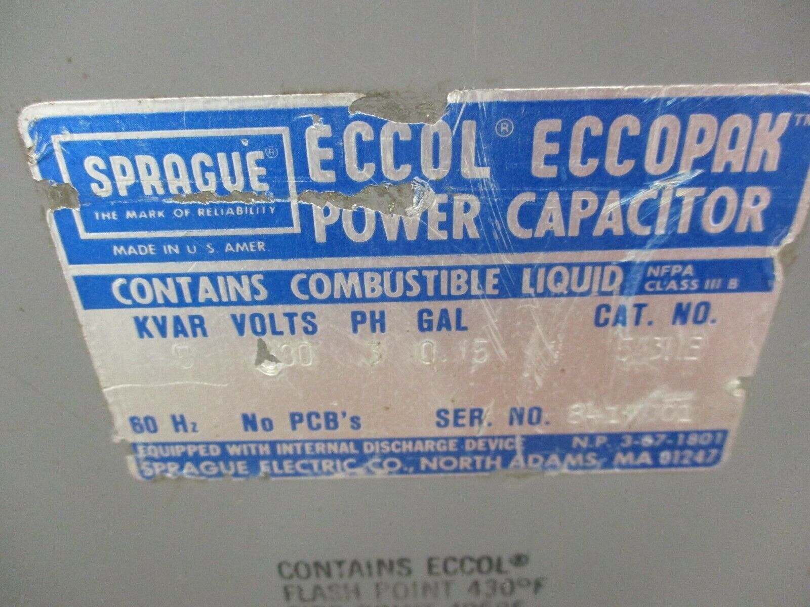Sprague Eccol Eccopak Capacitor 543ME 5kVAR 480V 3Ph 60Hz Used