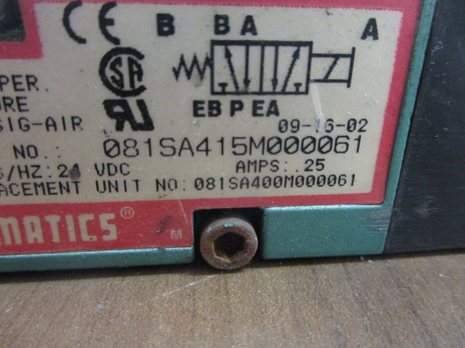 Numatics Solenoid Valve 081SA415M000061 150PSIG 24VDC 0.25A Used