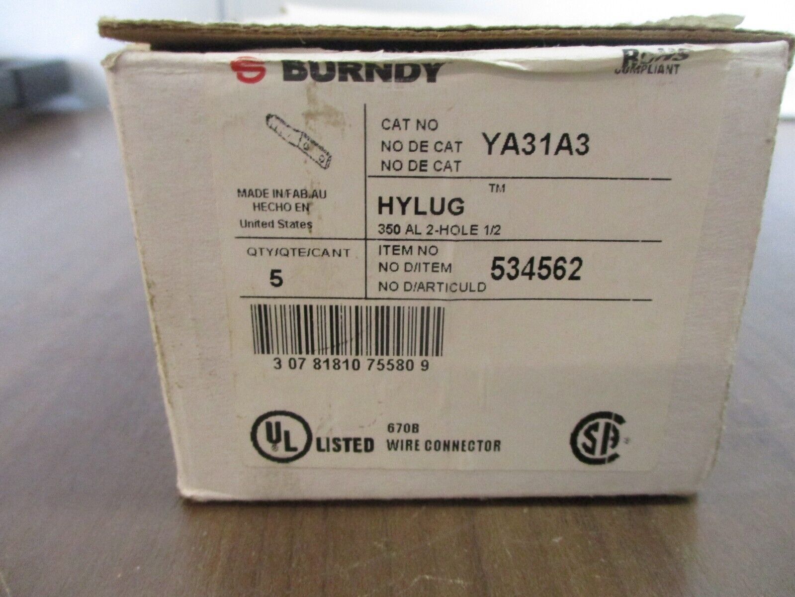 Burndy Hylug Crimp Lug YA31A3 2-Hole 350KCMIL *Box of 5* New Surplus