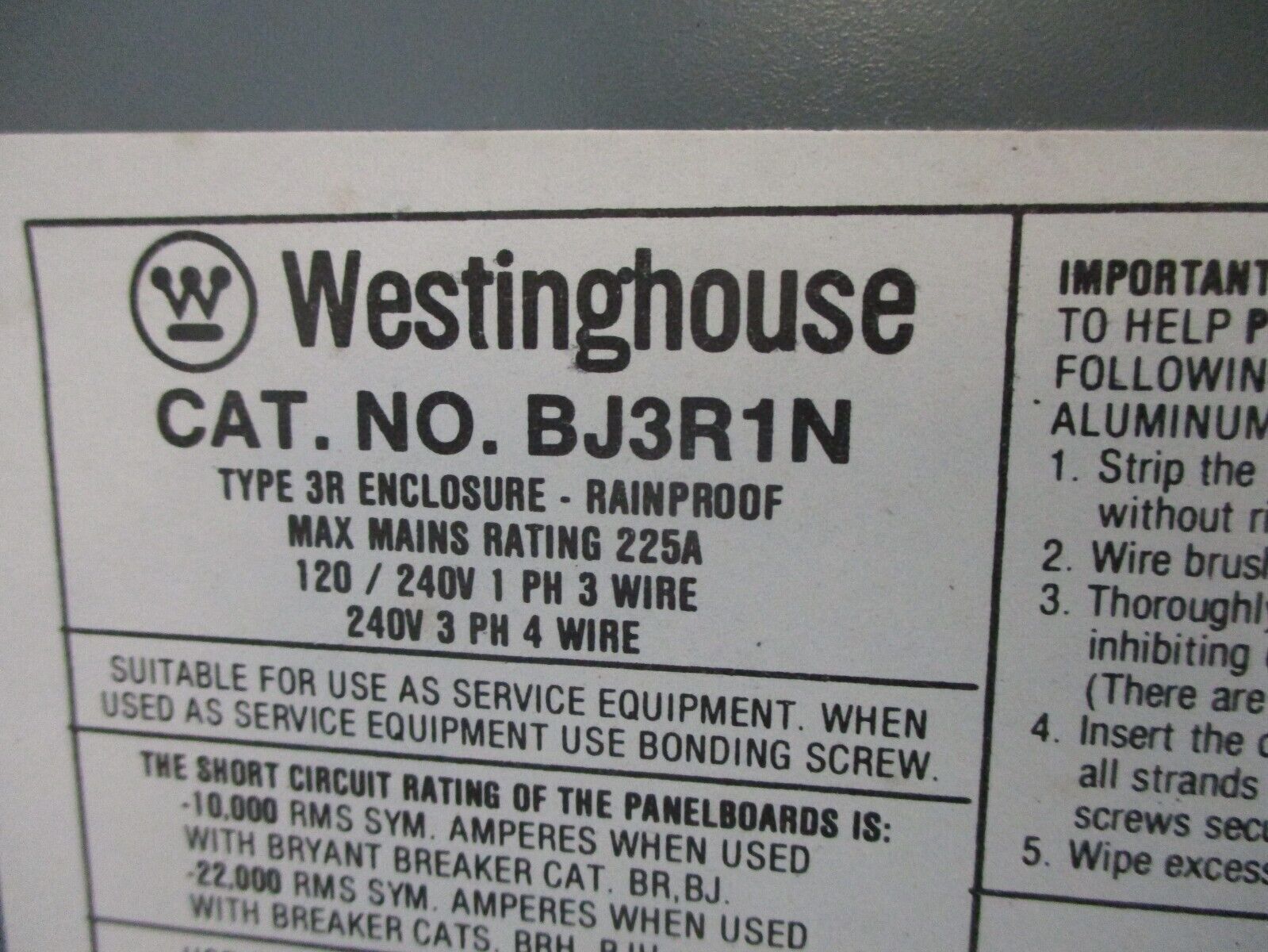 Bryant 3R Main Lug Load Center BJ3R1N 225A 120/208/240V 3Ph New Surplus