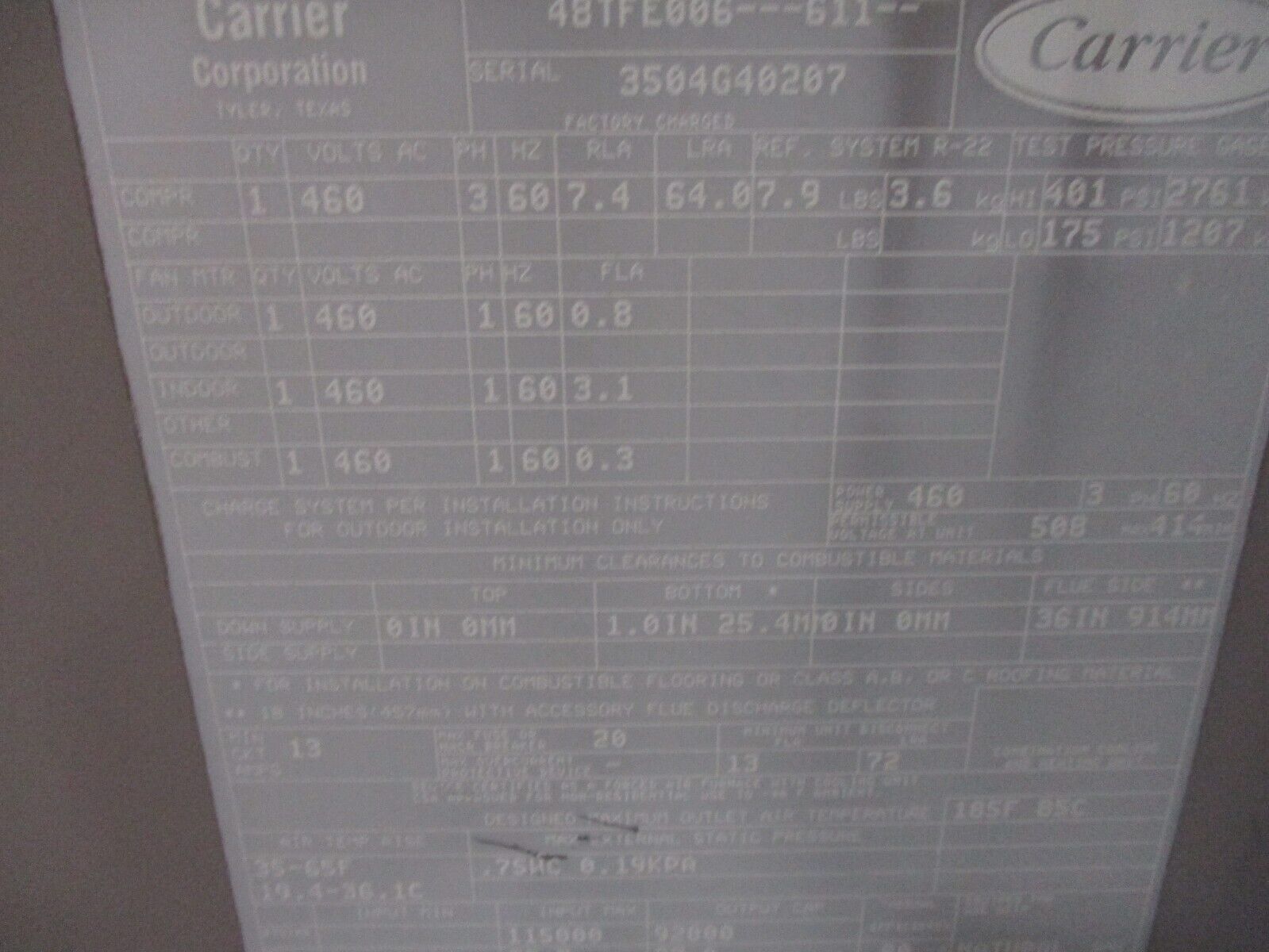Carrier 48TFRooftop Unit 48TFE006---611-- 5 Ton 460V 3Ph Medium Heat Option Used