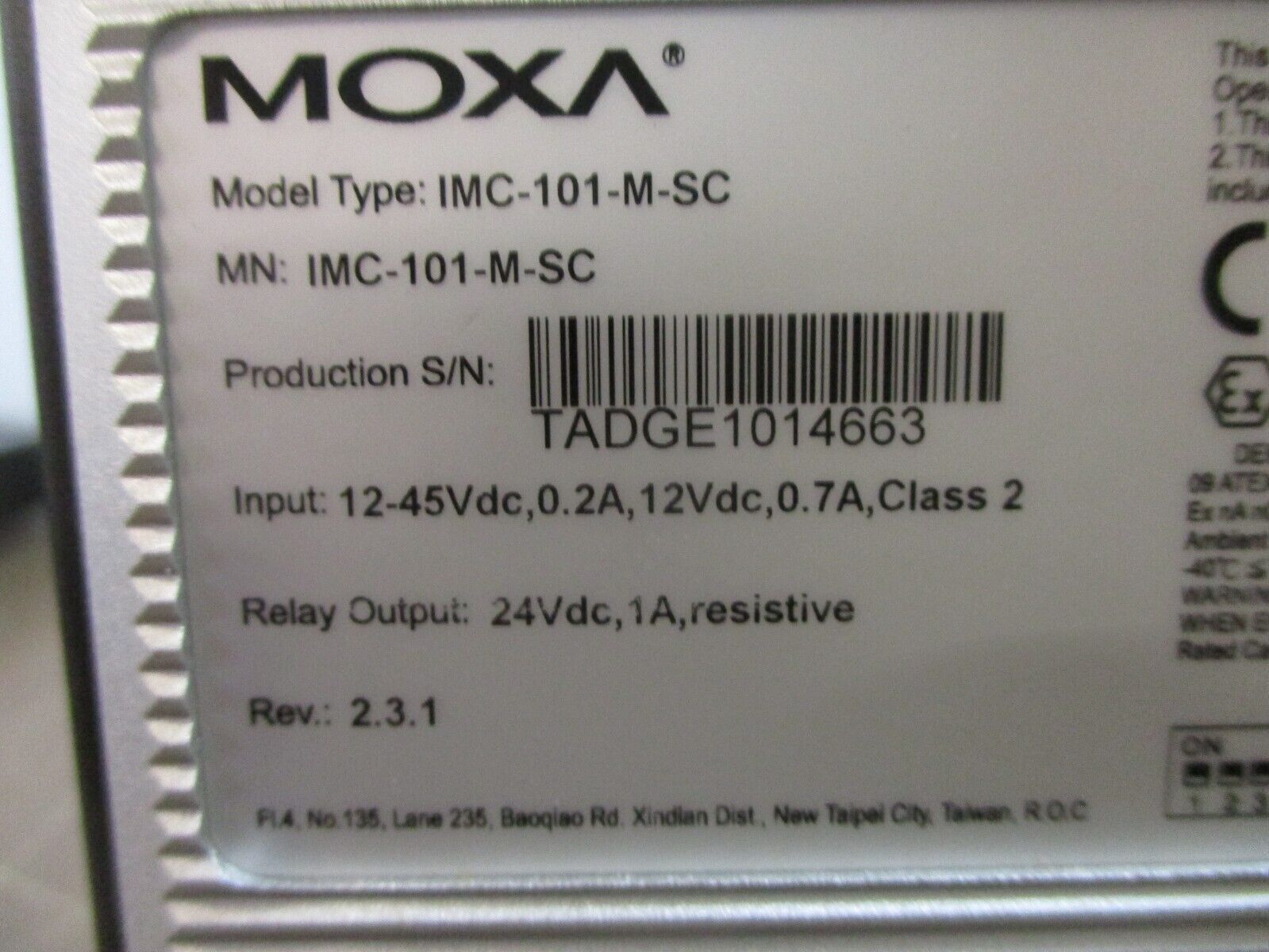 Moxa Industrial Media Converter IMC-101-M-SC Rev. 2.3.1 12-45VDC Used