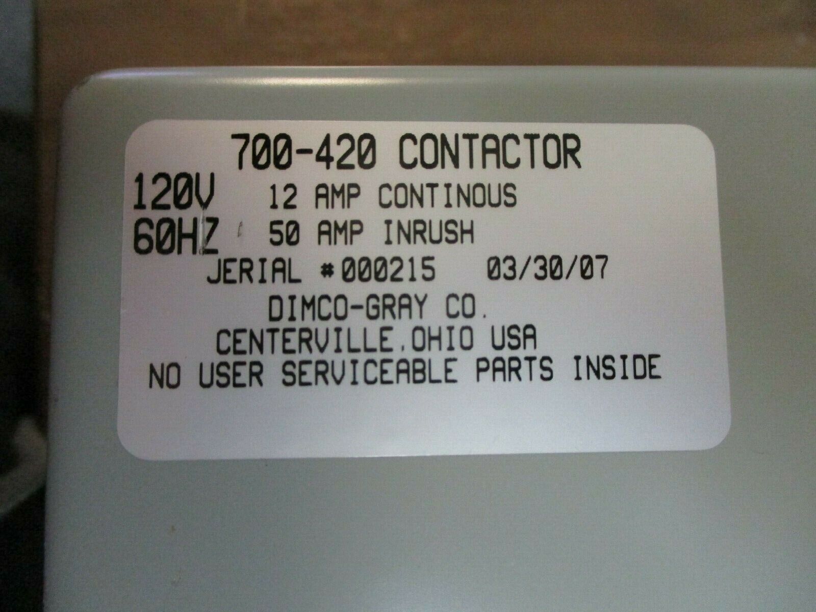 Dimco-Gray Enclosed Contactor 700-420 120V 60Hz 12A Used