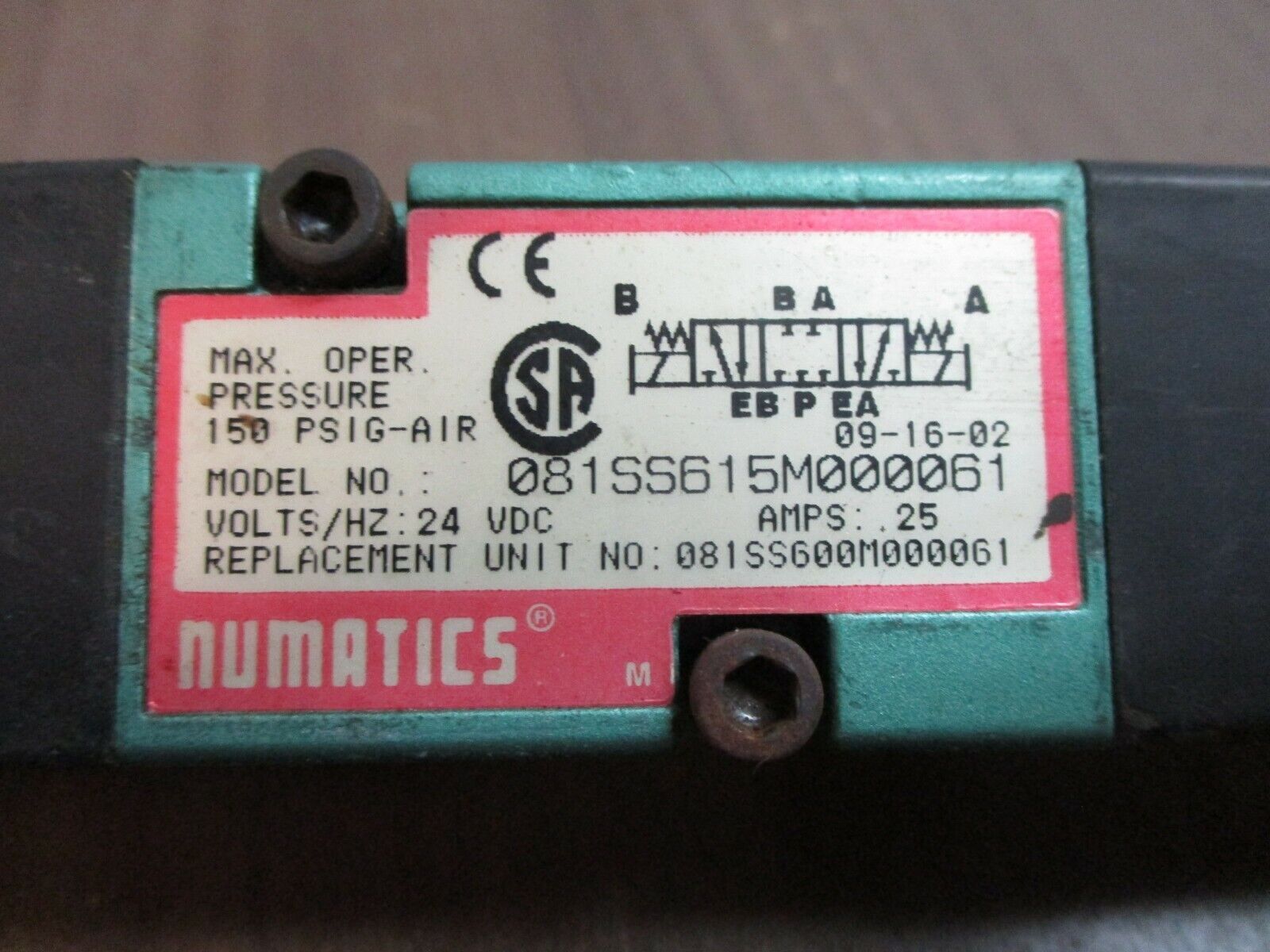 Numatics Solenoid Valve 081SS615M000061 150PSIG 24VDC 0.25A Used