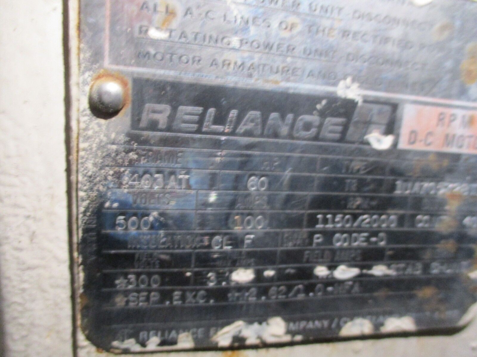 Reliance DC Motor 1UA705728T1-SA 60HP 500V 100A 1150/2000RPM 300V Field Used