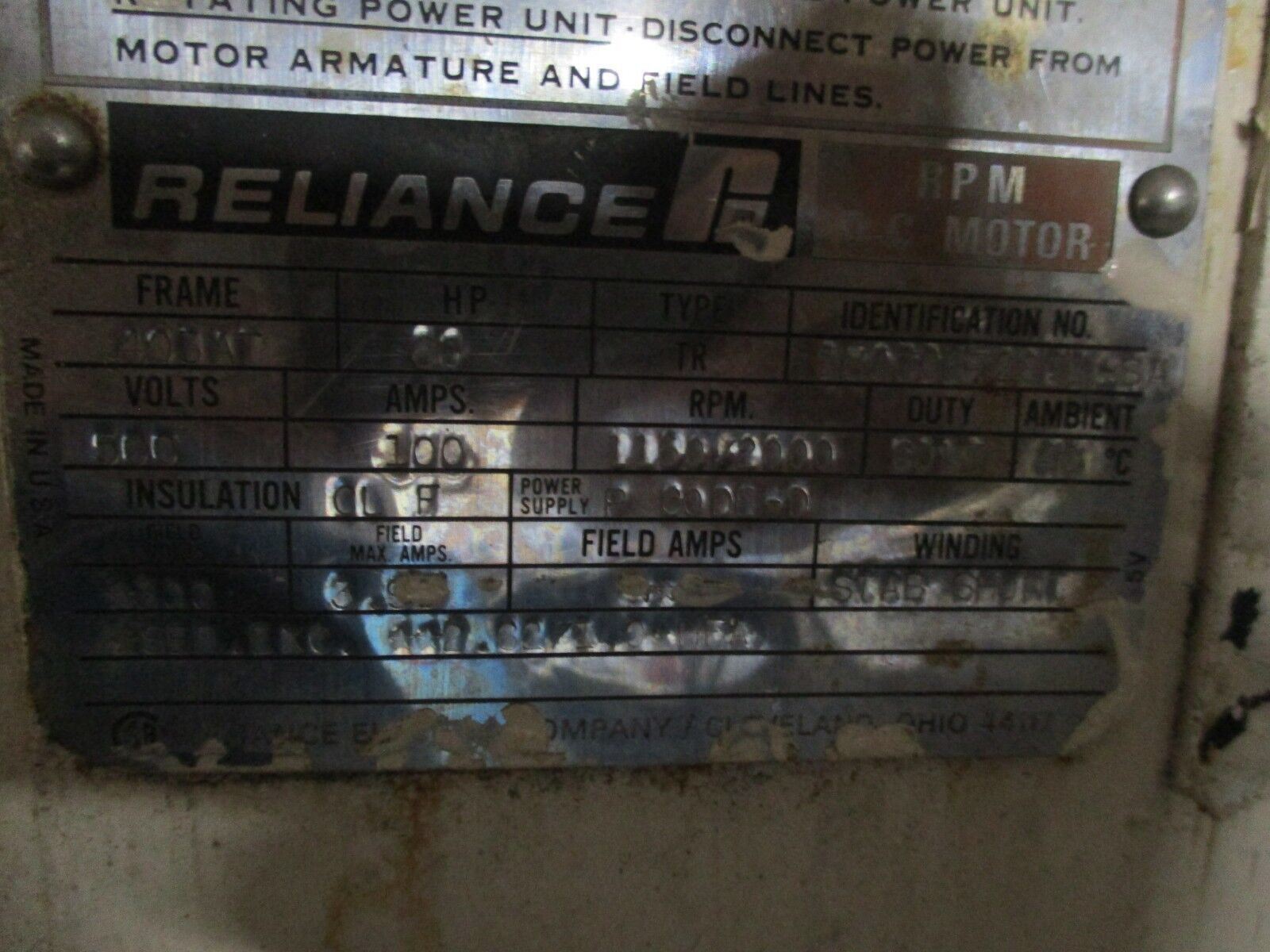 Reliance DC Motor 1UA705728T1-SA 60HP 500V 100A 1150/2000RPM 300V Field Used