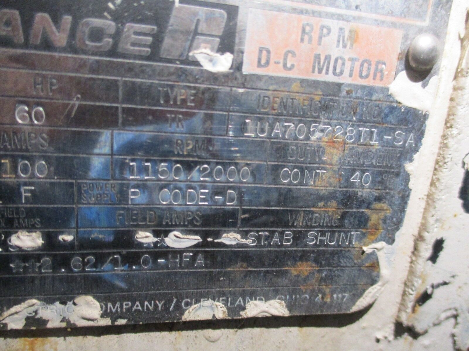 Reliance DC Motor 1UA705728T1-SA 60HP 500V 100A 1150/2000RPM 300V Field Used