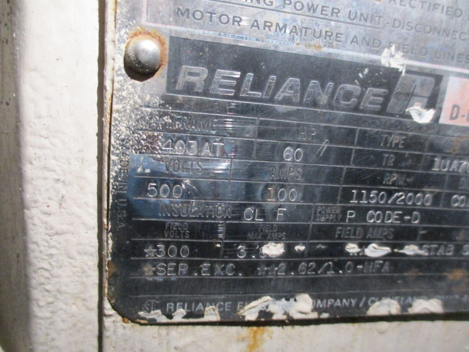 Reliance DC Motor 1UA705728T1-SA 60HP 500V 100A 1150/2000RPM 300V Field Used