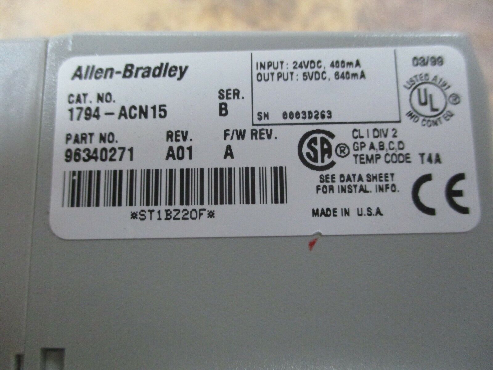 Allen-Bradley Flex I/O ControlNet Adapter 1794-ACN15 Ser. B Rev. A01 F/W Rev. A