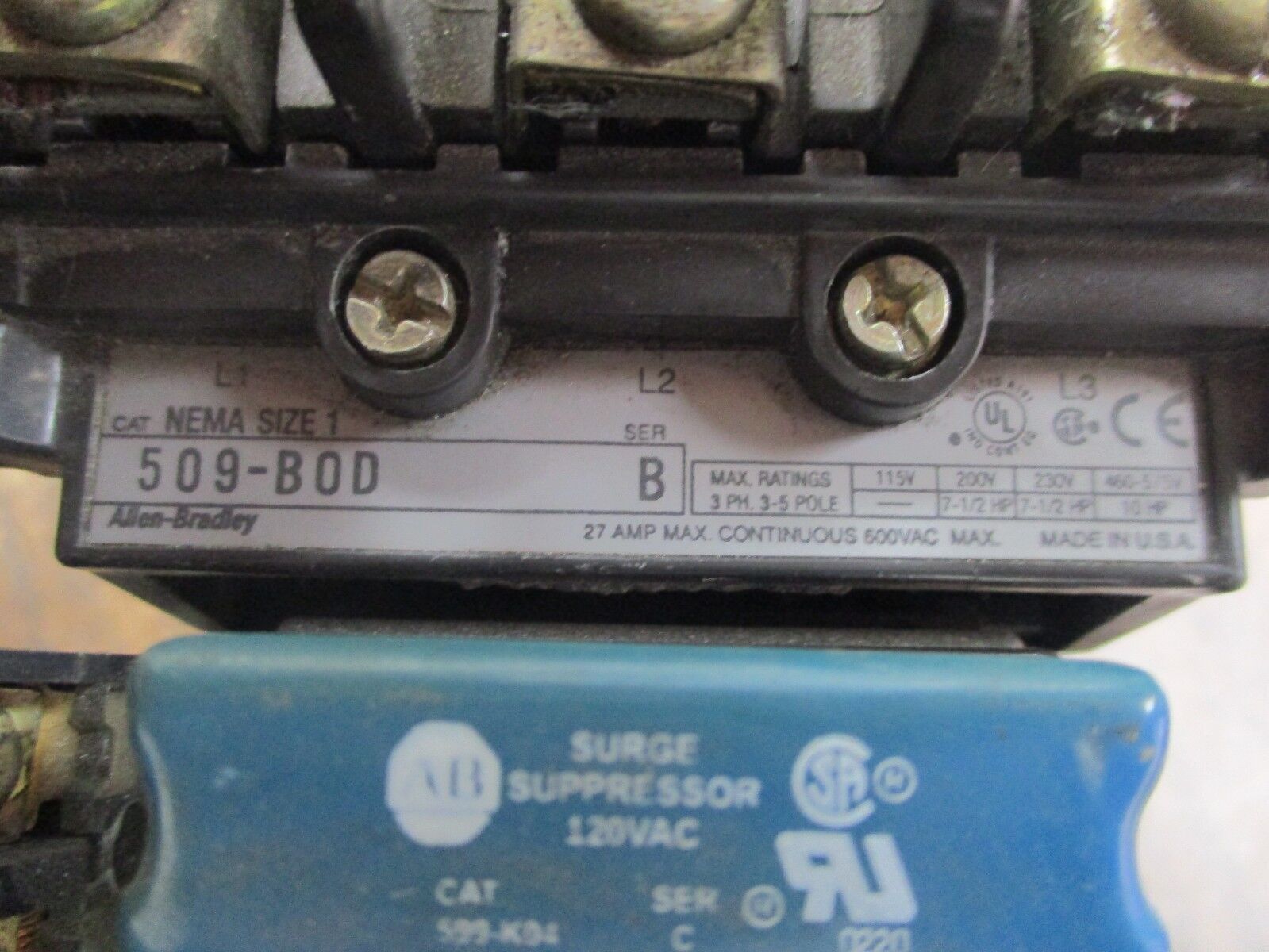 Allen-Bradley Size 1 Starter 509-B0D 120V Coil 27A 600V Used