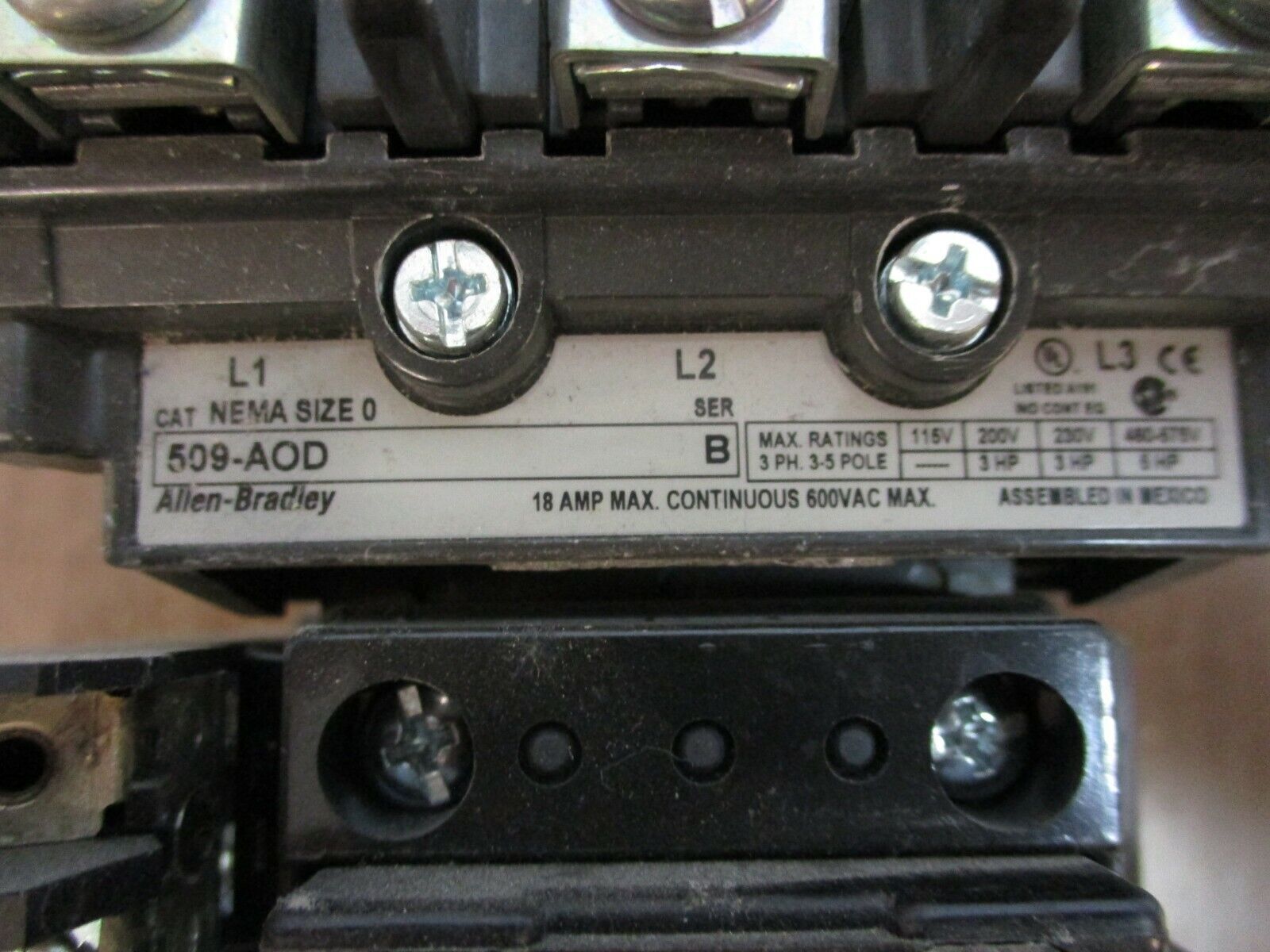 Allen-Bradley Size 0 Contactor 509-AOD Ser. B 115-120V Coil 18A 600V Used