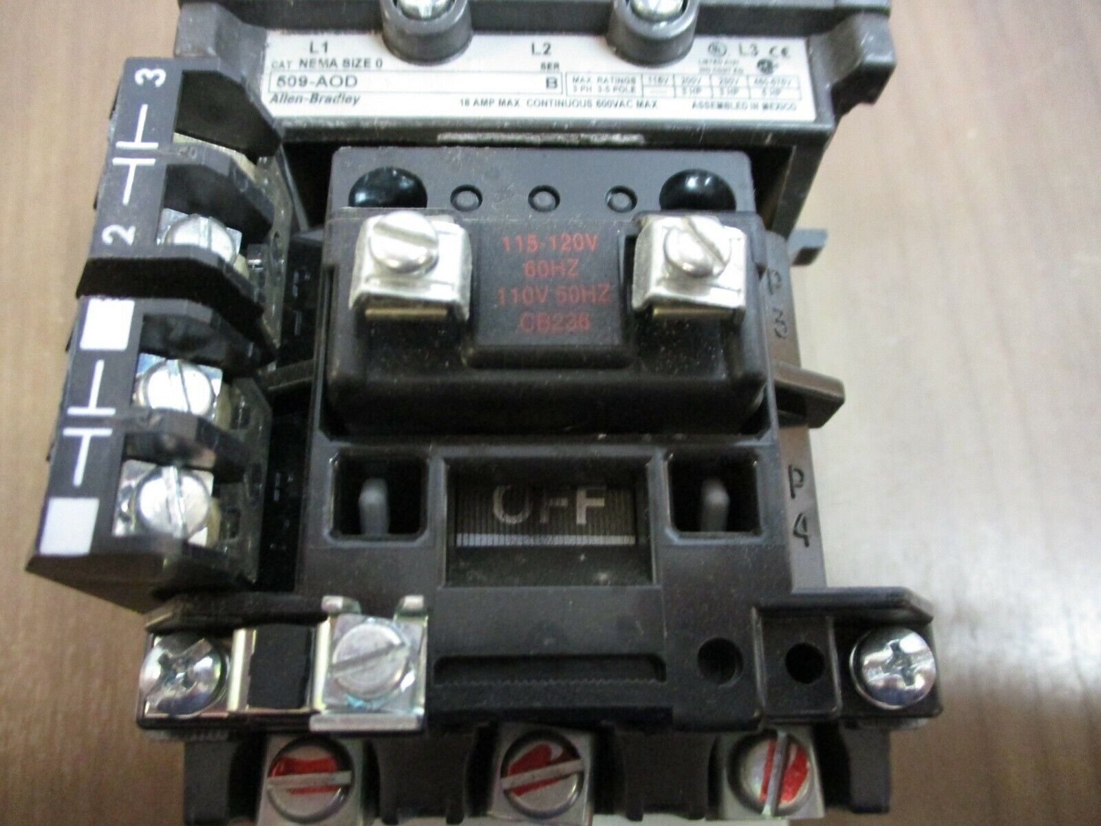 Allen-Bradley Size 0 Contactor 509-AOD Ser. B 115-120V Coil 18A 600V Used