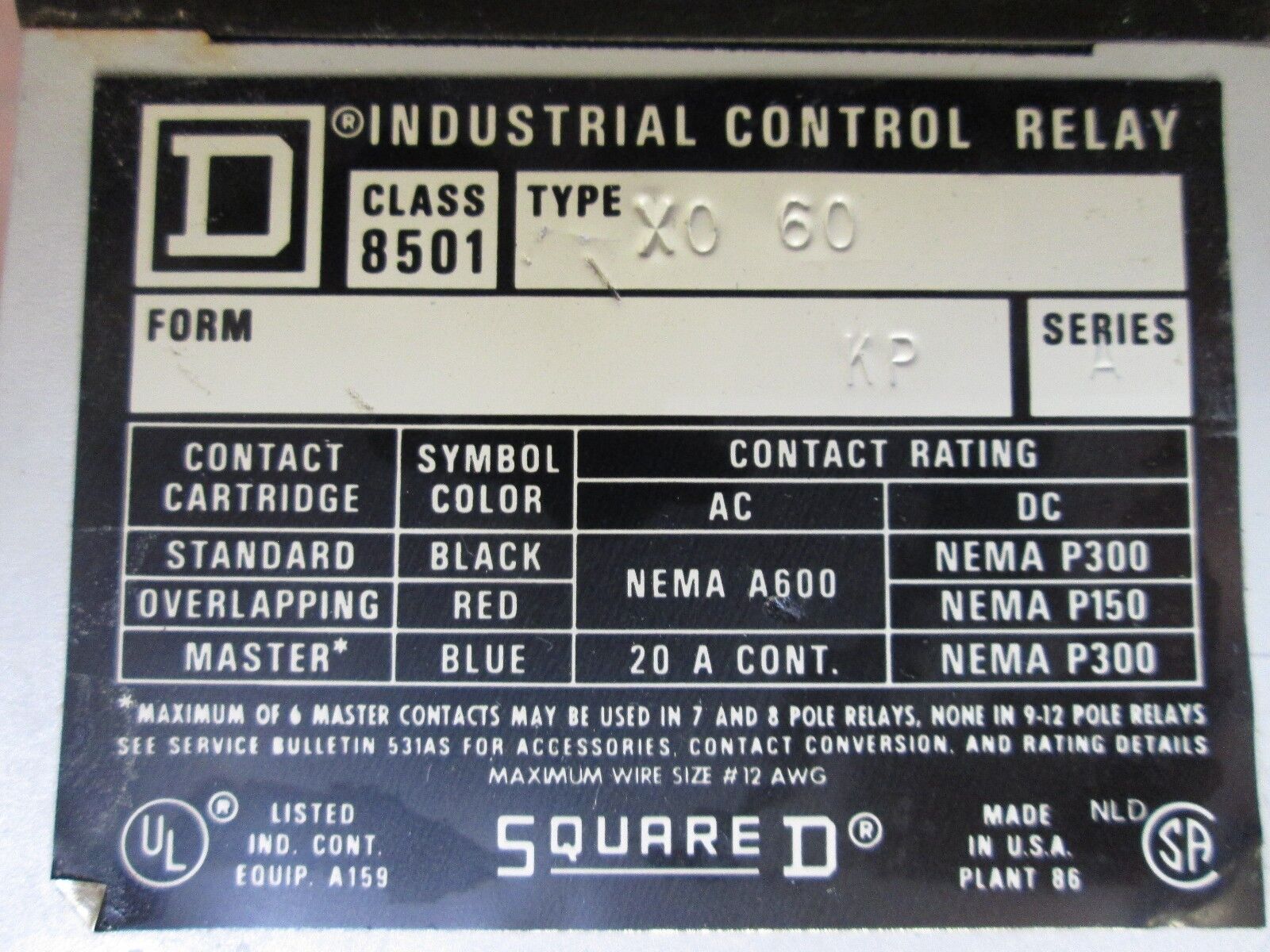 Square D Industrial Control Relay 8501 XO 60 KP 120V Coil Used