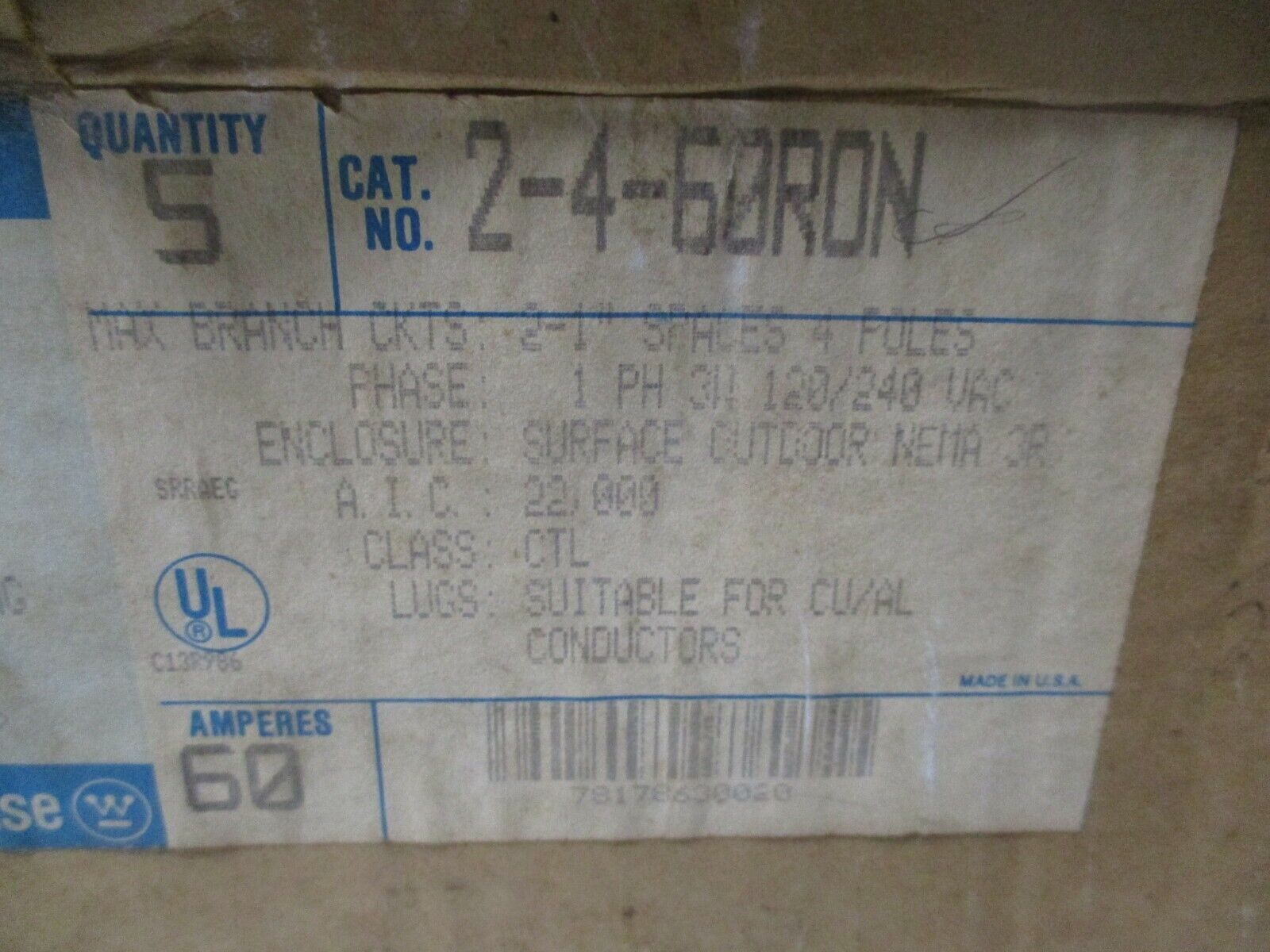 Westinghouse 3R Main Lug Load Center 2-4-60RON 60A 120/240V 1PH 3W *Box of 5*