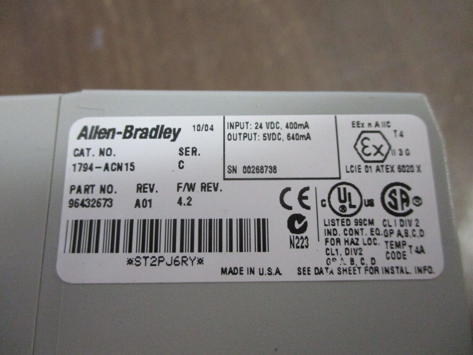 Allen-Bradley Flex I/O ControlNet Adapter 1794-ACN15 Ser. C Cat. Rev.: N03