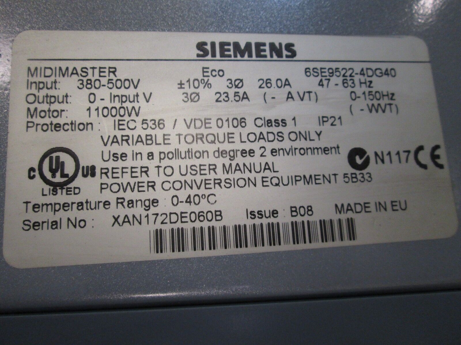 Siemens Midimaster AC Drive 6SE9522-4DG40 15HP Used