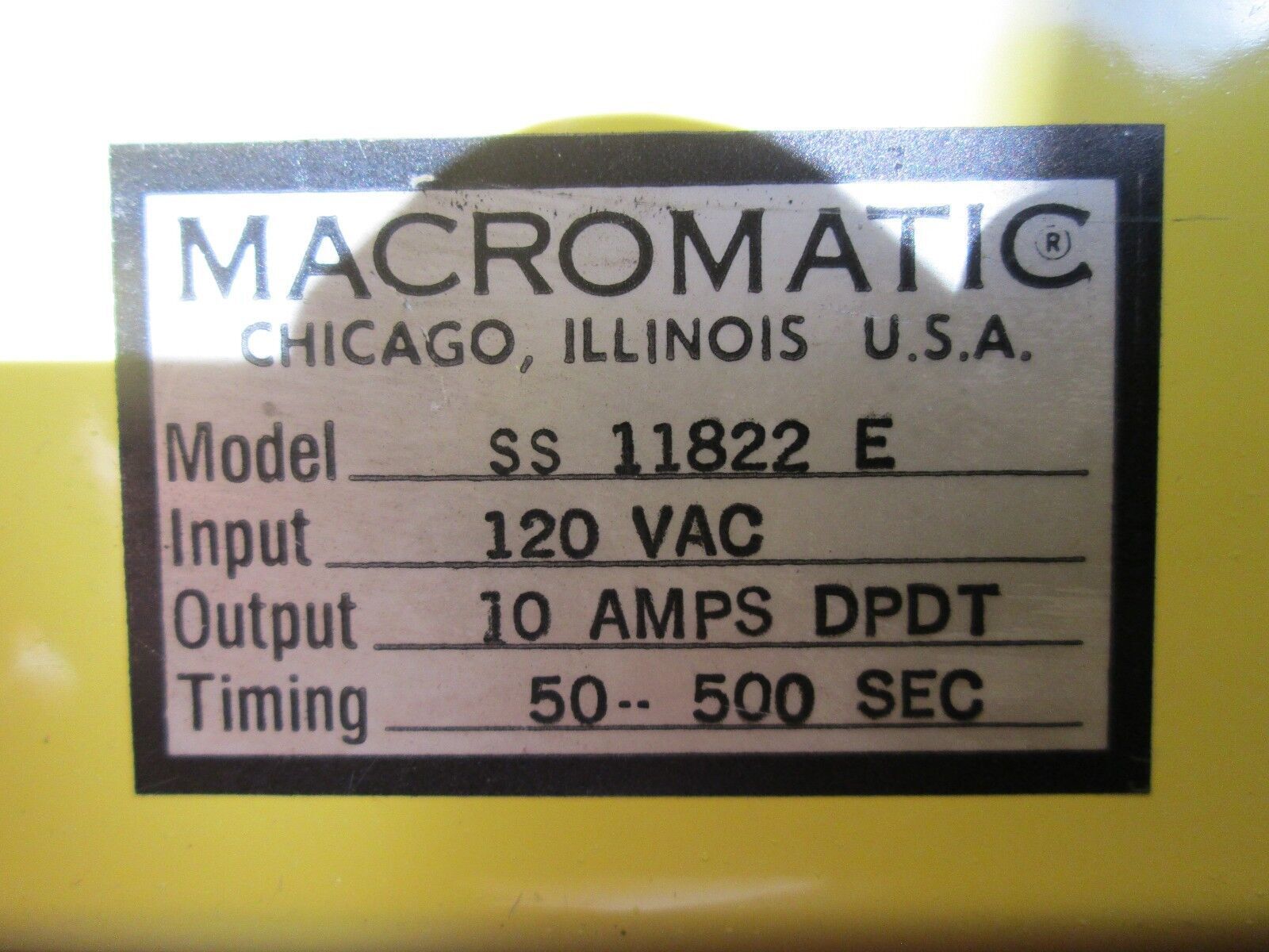Macromatic Timing Relay SS 11822 E Input: 120VAC Output: 10A Range: 50 - 500sec