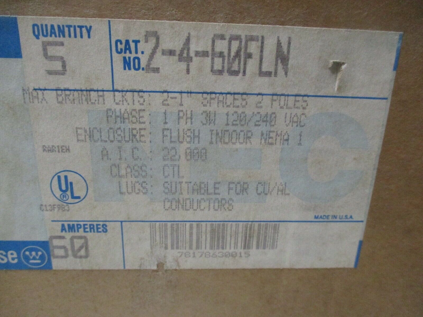 Westinghouse Main Lug Load Center 2-4-60FLN 60A 120/240V *Box of 5* New Surplus