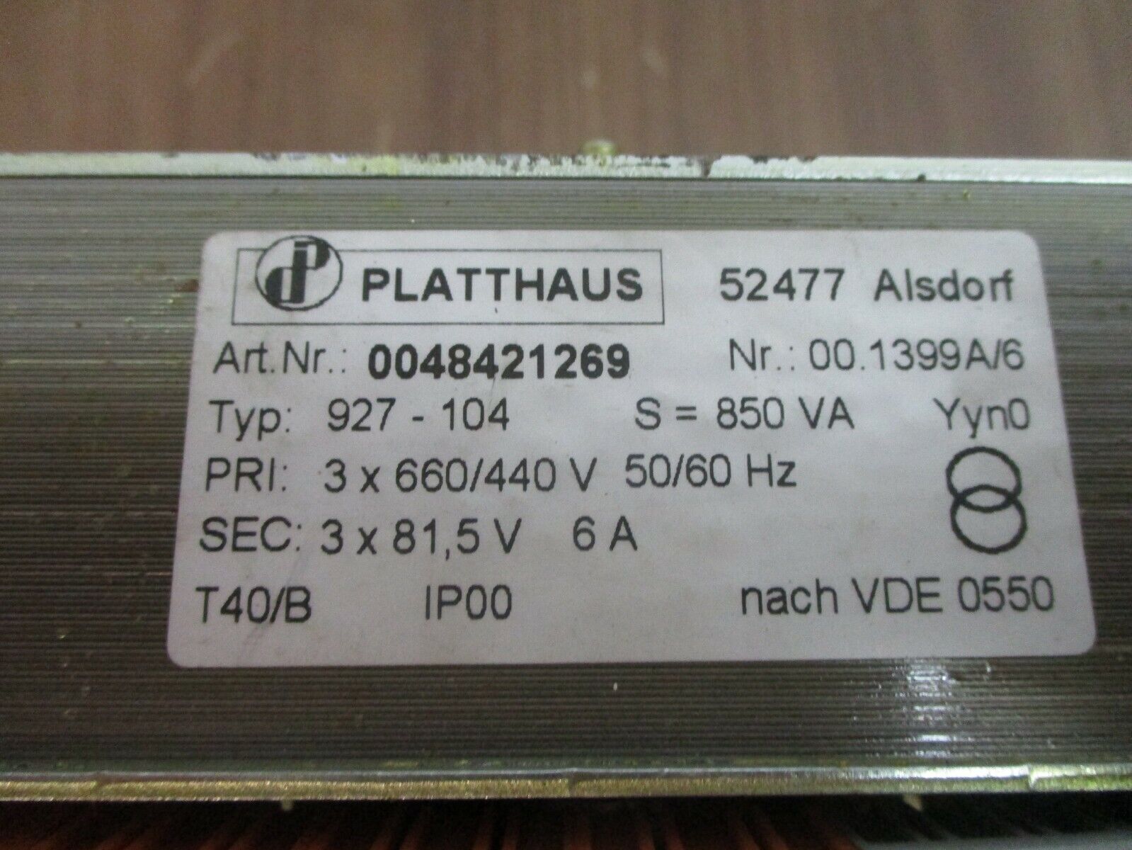 Platthaus Type 927-104 Transformer 0048421269 850VA 3Ph Pri: 660/440V Sec: 81.5V
