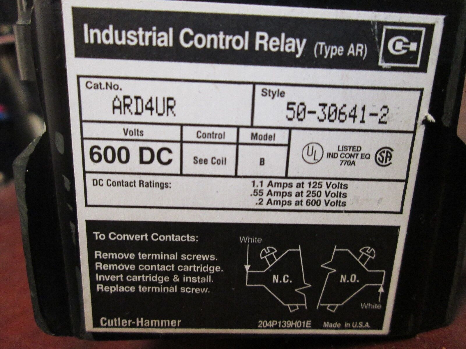 Cutler-Hammer Control Relay ARD4UR 130VDC Coil 600V Relay Used