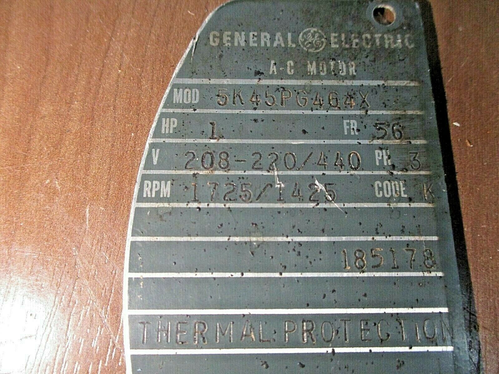 GE AC Motor 185178 1HP 1800RPM 208-220/440V 3.2/1.6A 3Ph Used