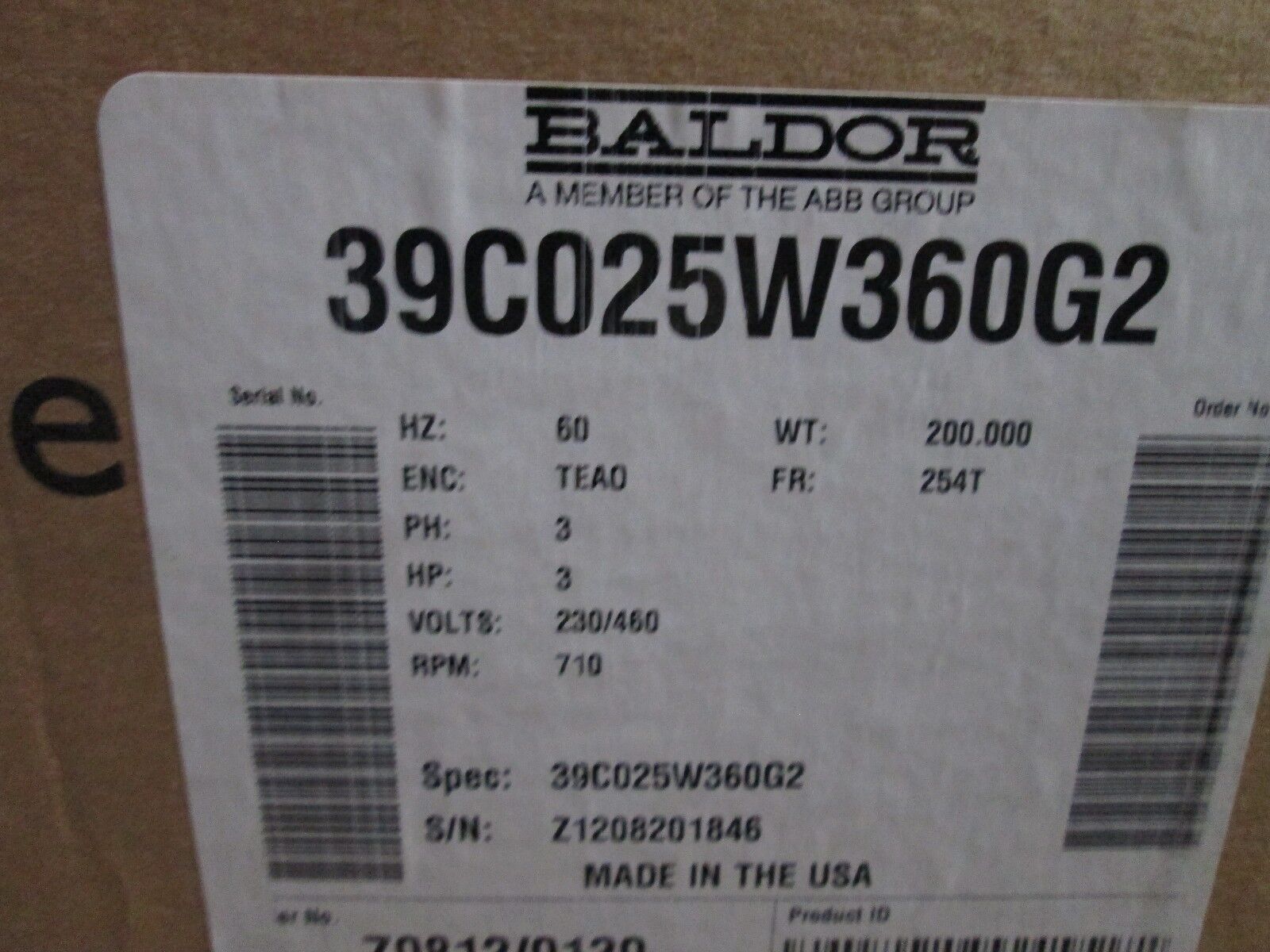 Baldor AC Motor 39C025W360G2 3HP 710RPM 230/460V 3Ph 60Hz New Surplus