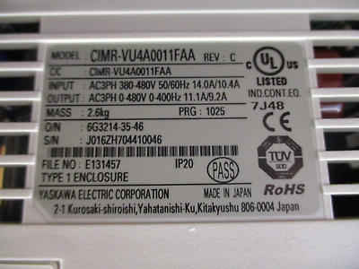Yaskawa V1000 AC Drive CIMR-VU4A0011FAA Rev. C 7.5HP 380-480V New Surplus