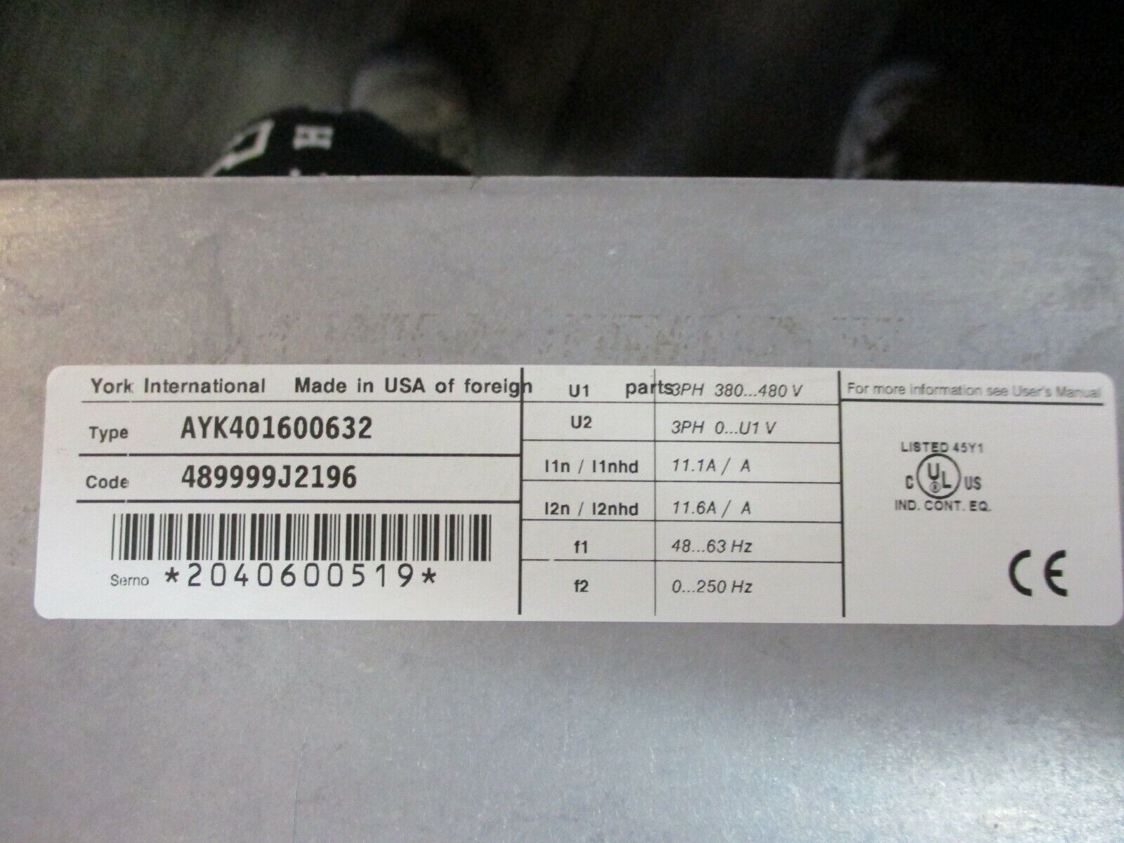 York AC Drive AYK401600632 5HP 3Ph *No Keypad* Used