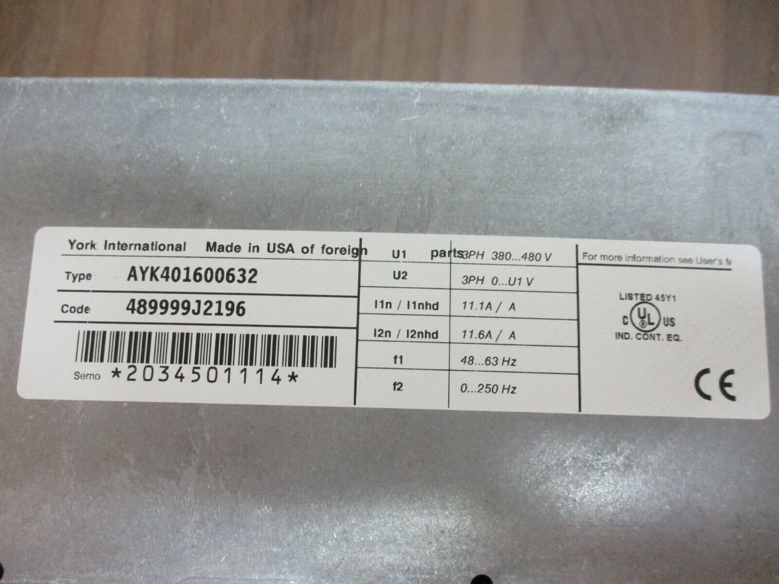 York AC Drive AYK401600632 5HP 3Ph Used