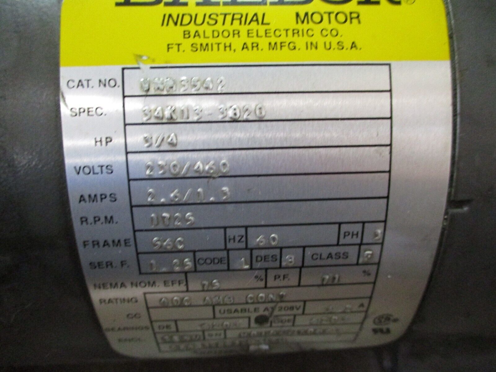 Baldor Motor VNM3542 3/4HP 1800RPM 230/460V 2.6/1.3A 60Hz 3Ph Used