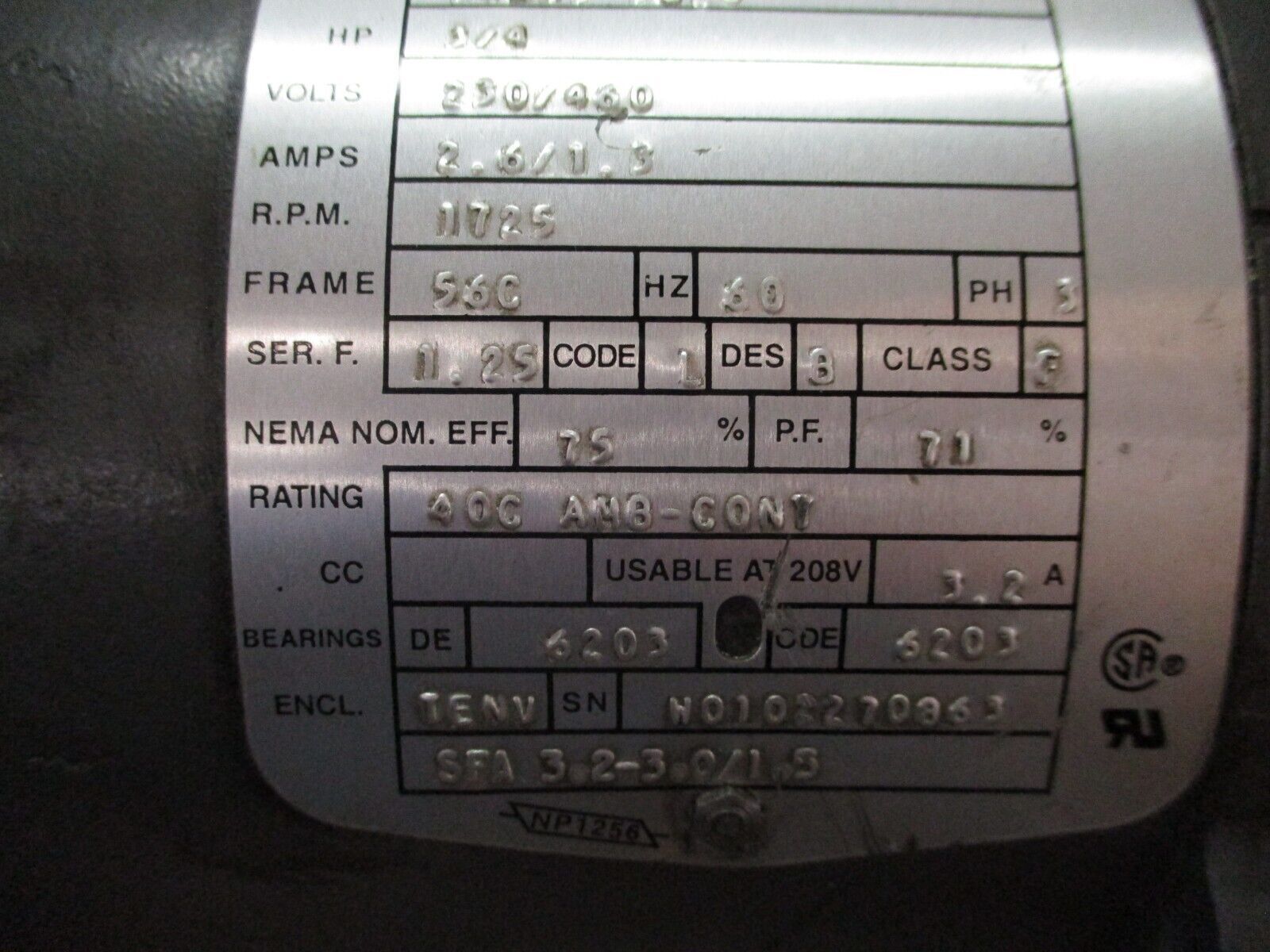 Baldor Motor VNM3542 3/4HP 1800RPM 230/460V 2.6/1.3A 60Hz 3Ph Used