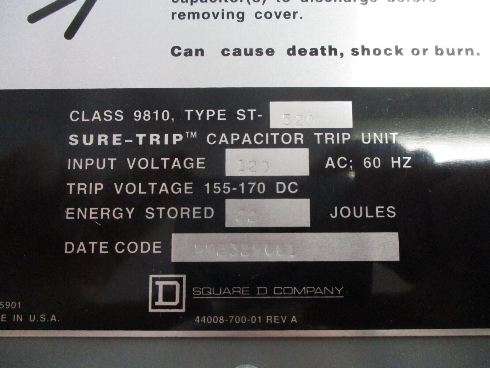 Square D Sure-Trip Capacitor Trip Unit 9810 ST-520 Input: 120VAC 60Hz 22 joules