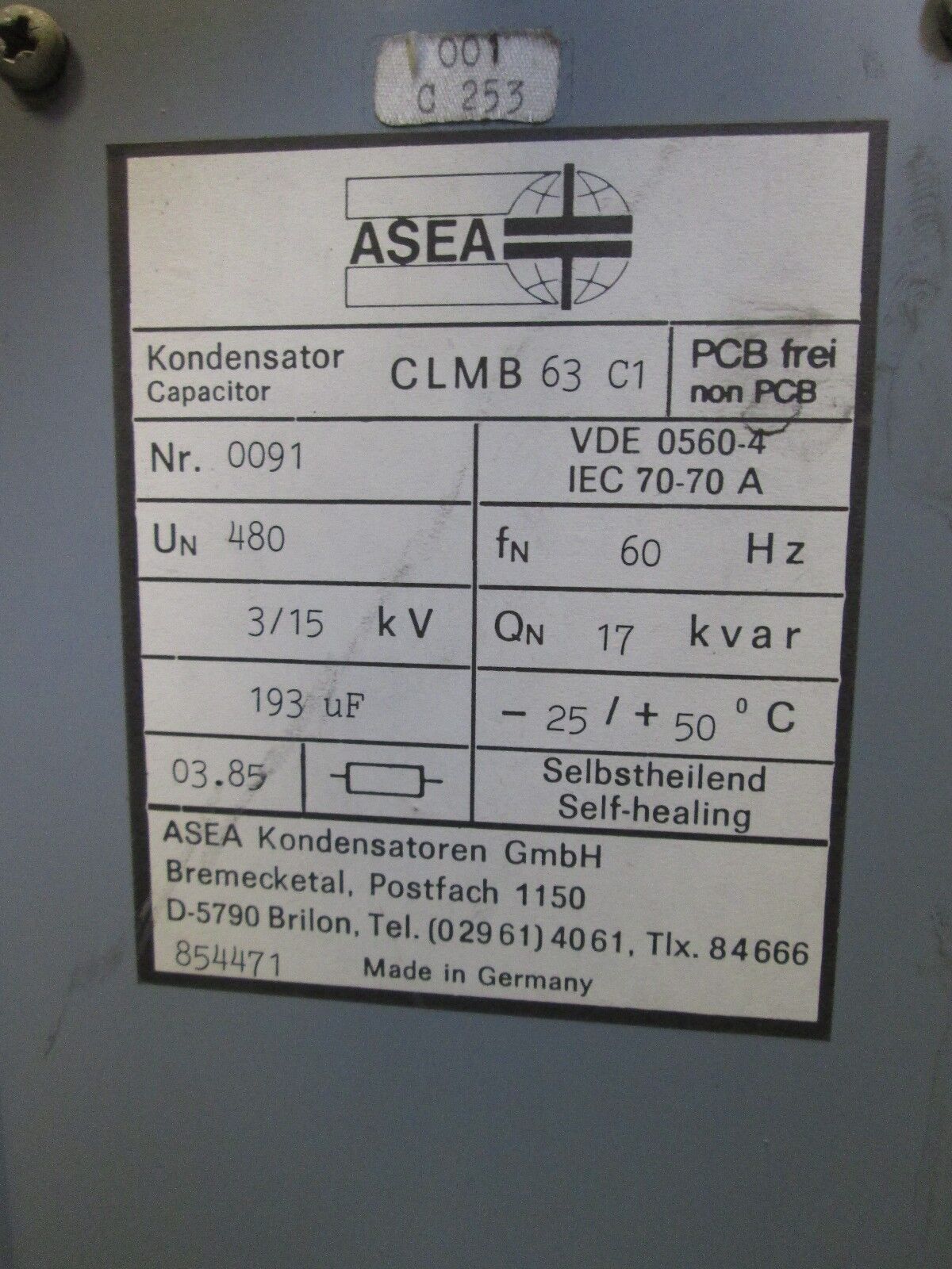 Asea Capacitor CLMB63C1 17 KVAR 480V 60Hz Used