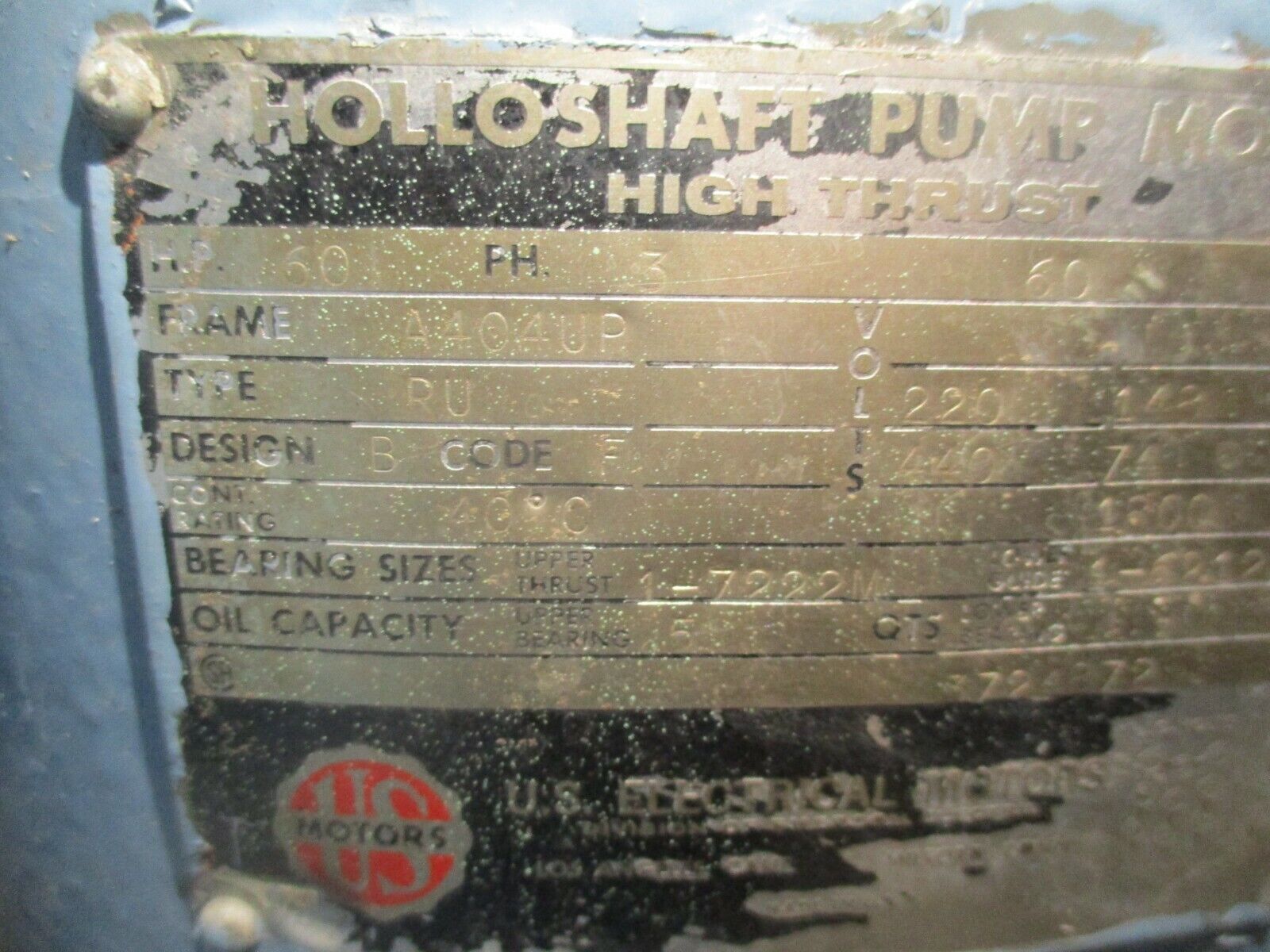US Motors Vertical Mount Hollow Shaft Reversing AC Motor 60HP 1800RPM Used