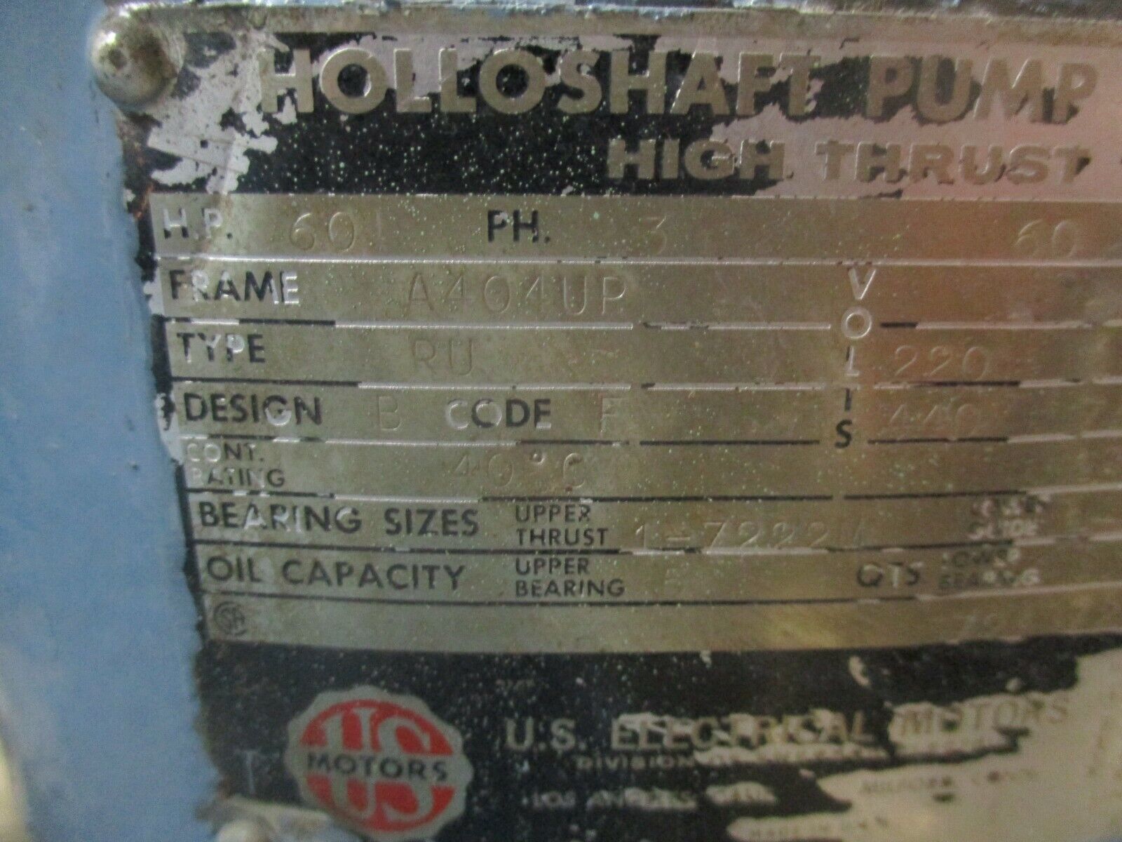 US Motors Vertical Mount Hollow Shaft Reversing AC Motor 60HP 1800RPM Used