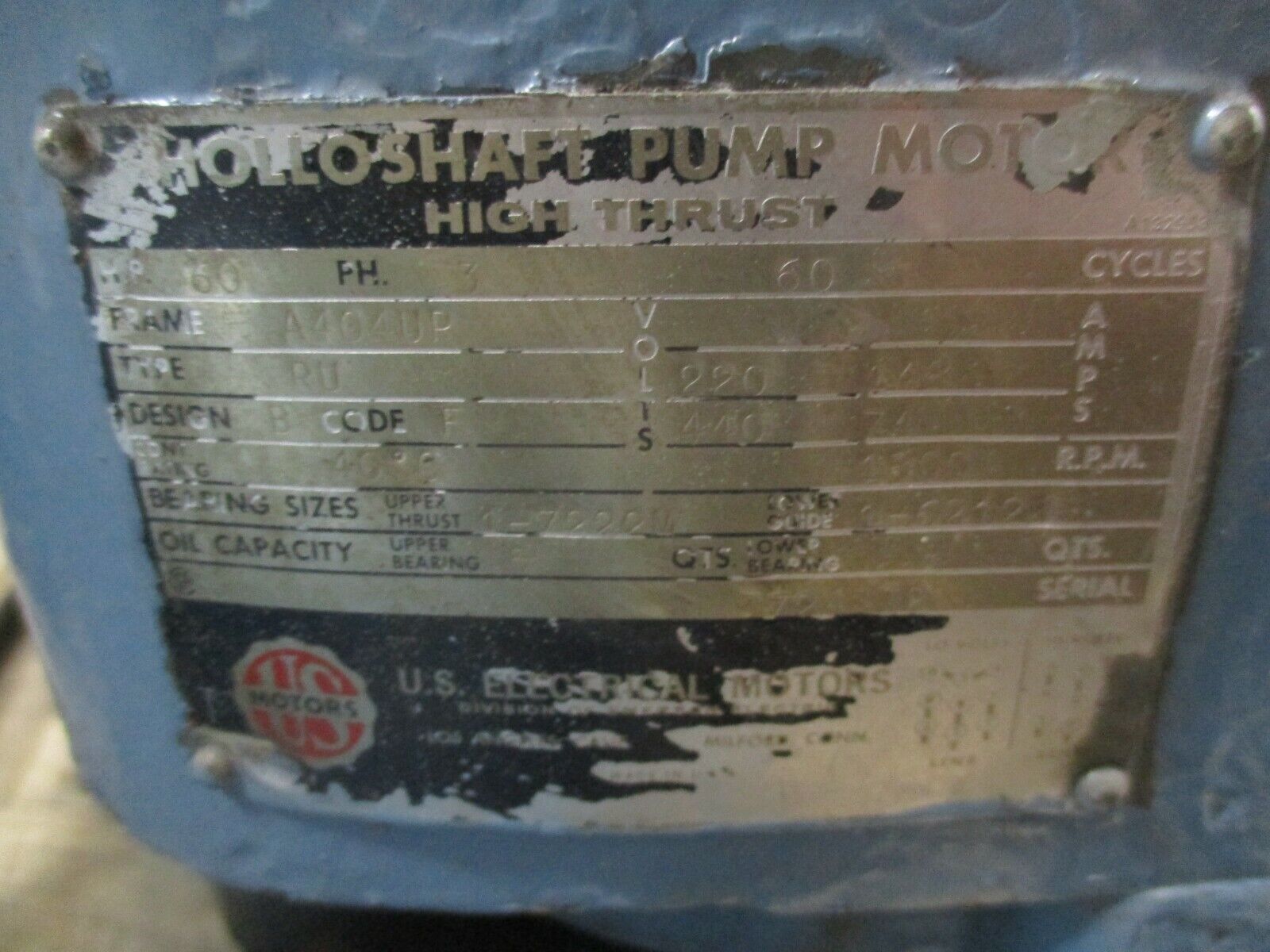 US Motors Vertical Mount Hollow Shaft Reversing AC Motor 60HP 1800RPM Used