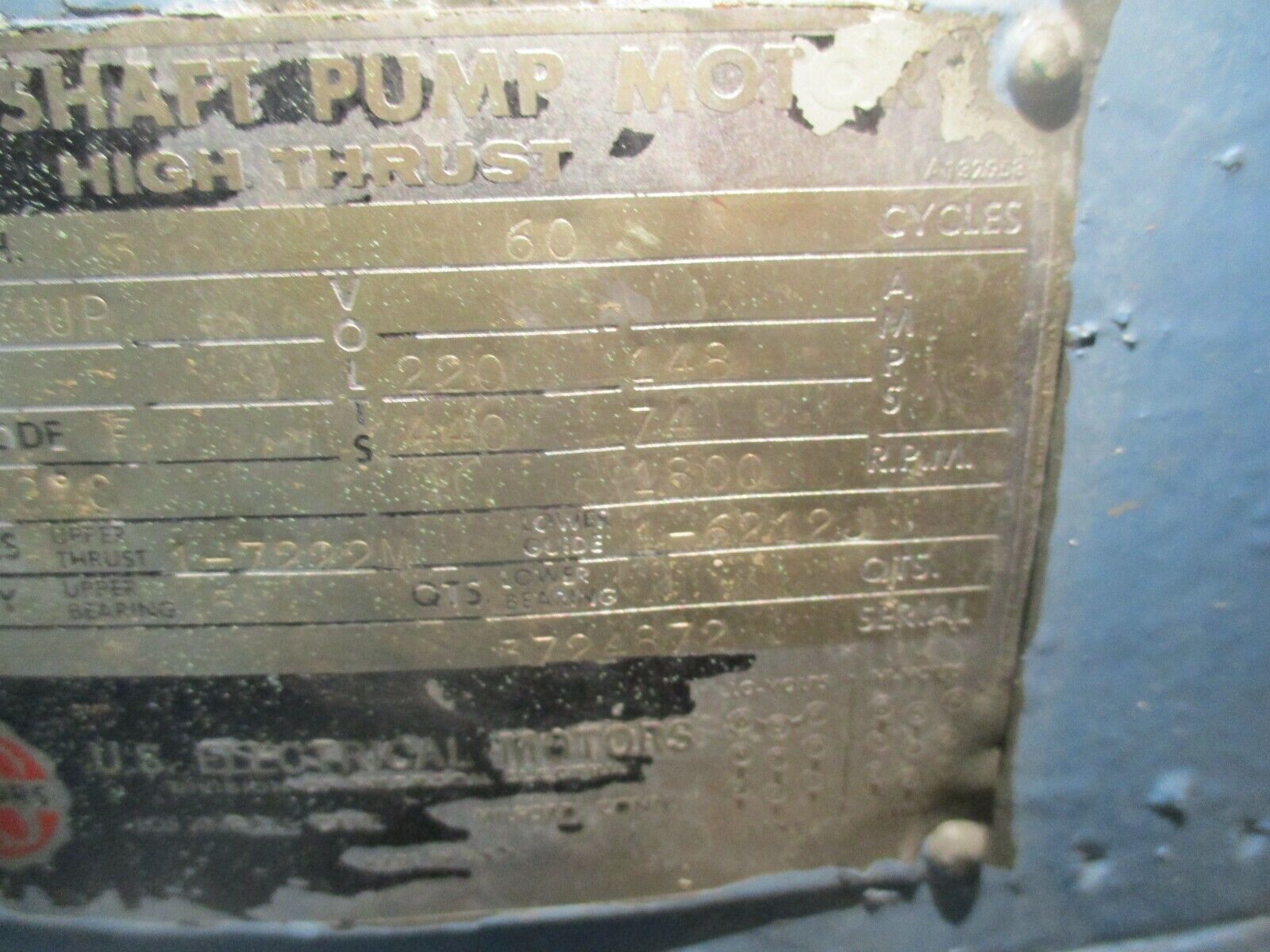US Motors Vertical Mount Hollow Shaft Reversing AC Motor 60HP 1800RPM Used