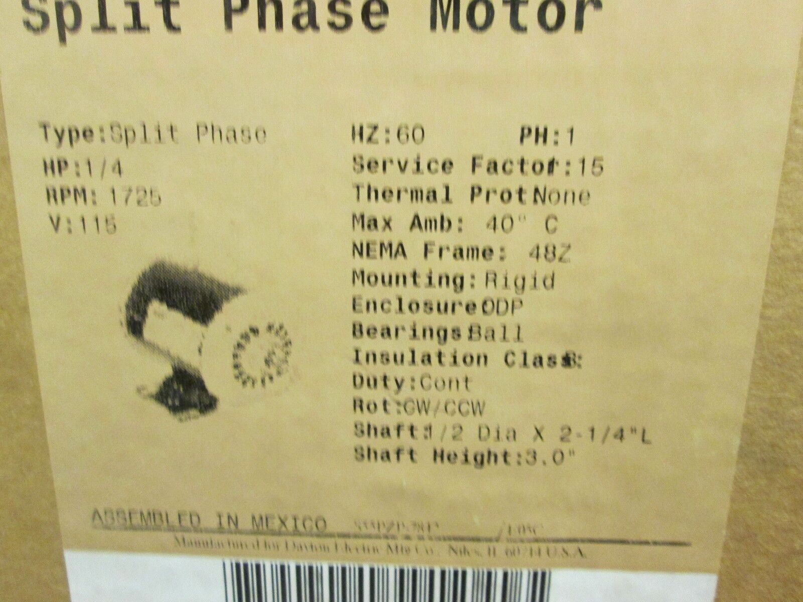 Dayton Split Phase Motor 6XJ35 1/4HP 1725 RPM 115V 1Ph New Surplus