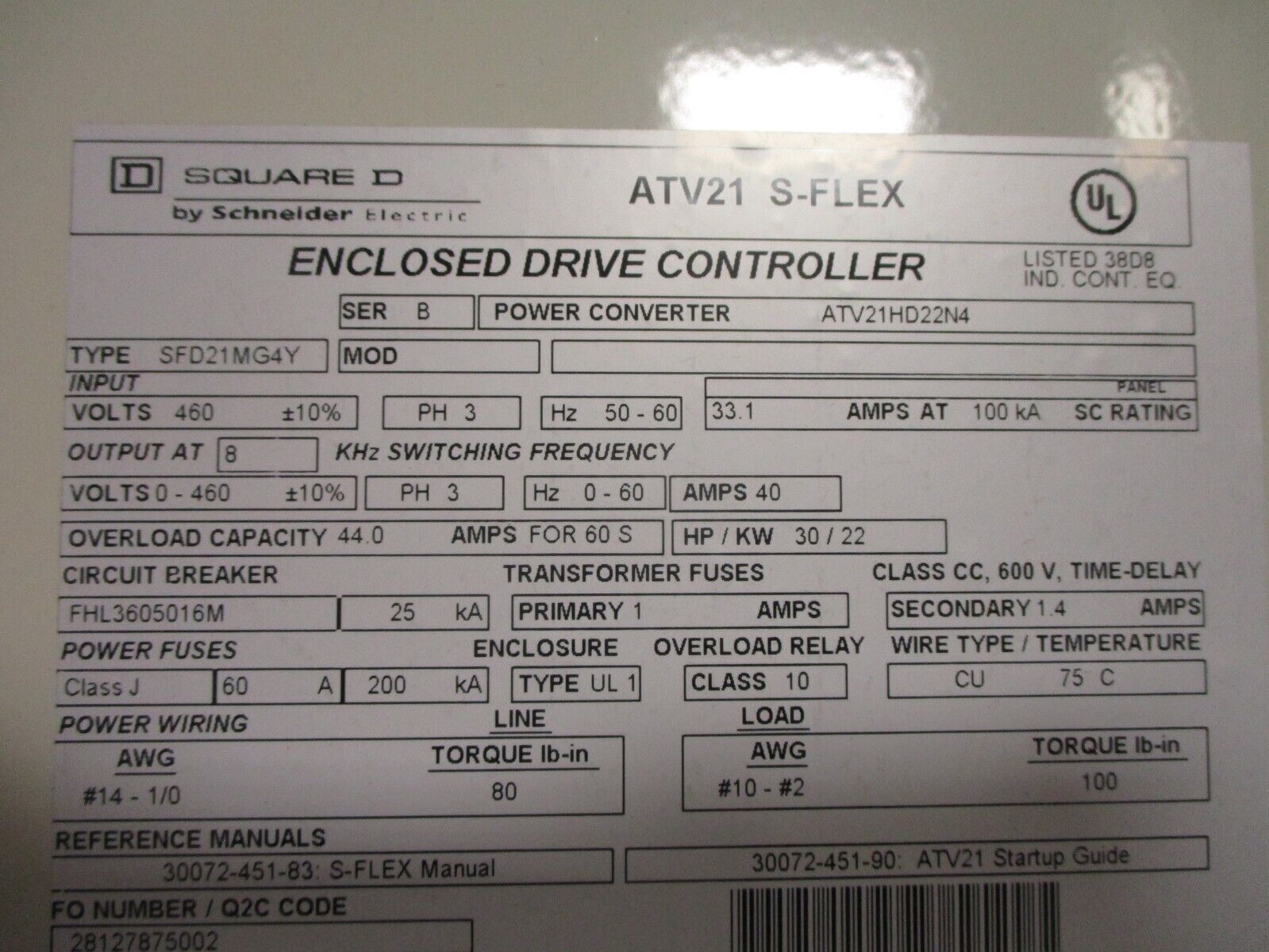 Square D ATV21 S-Flex AC Drive w/ Bypass ATV21HD22N4 30HP 3Ph Used