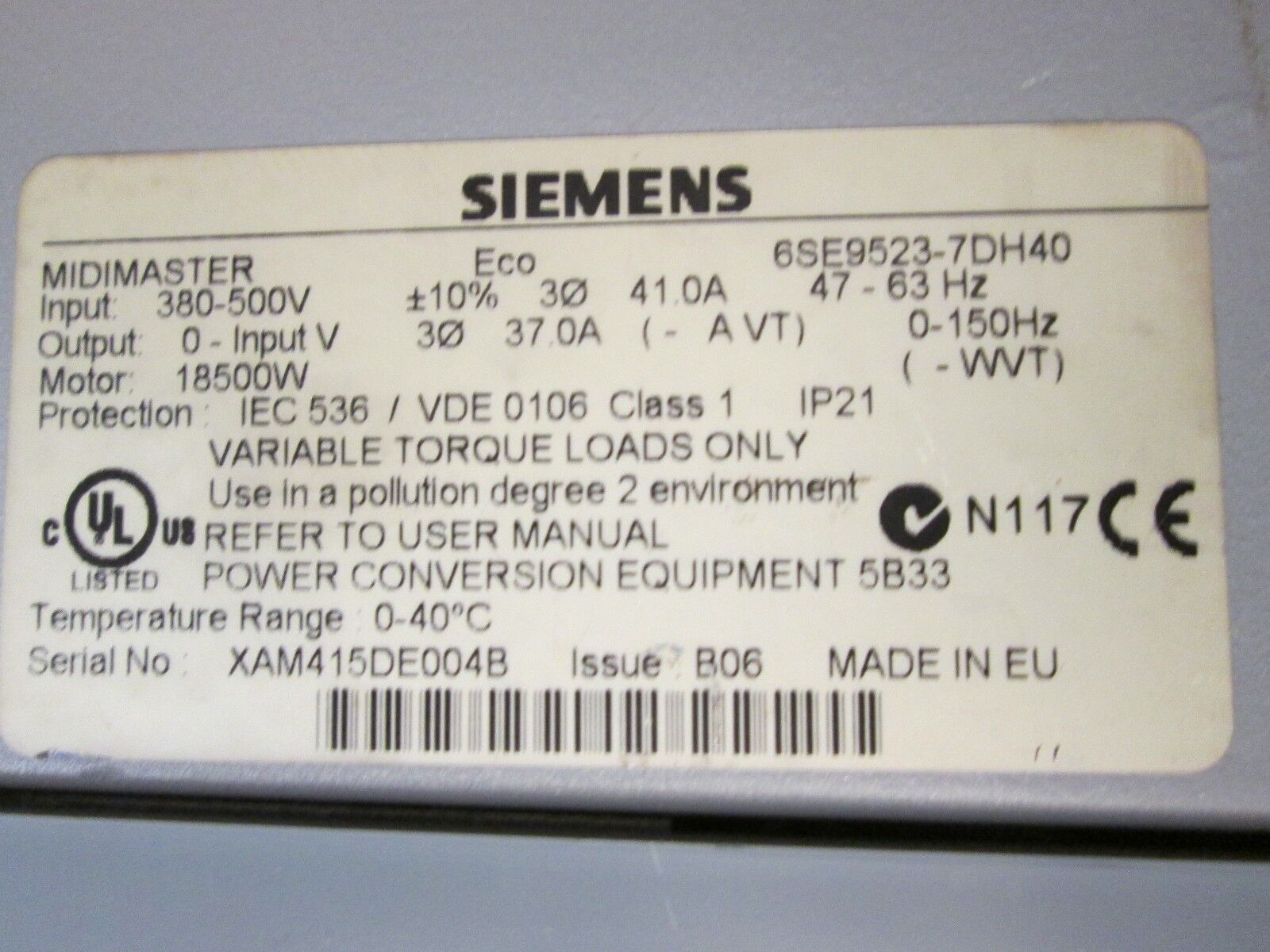 Siemens Midimaster AC Drive 6SE9523-7DH40 25HP