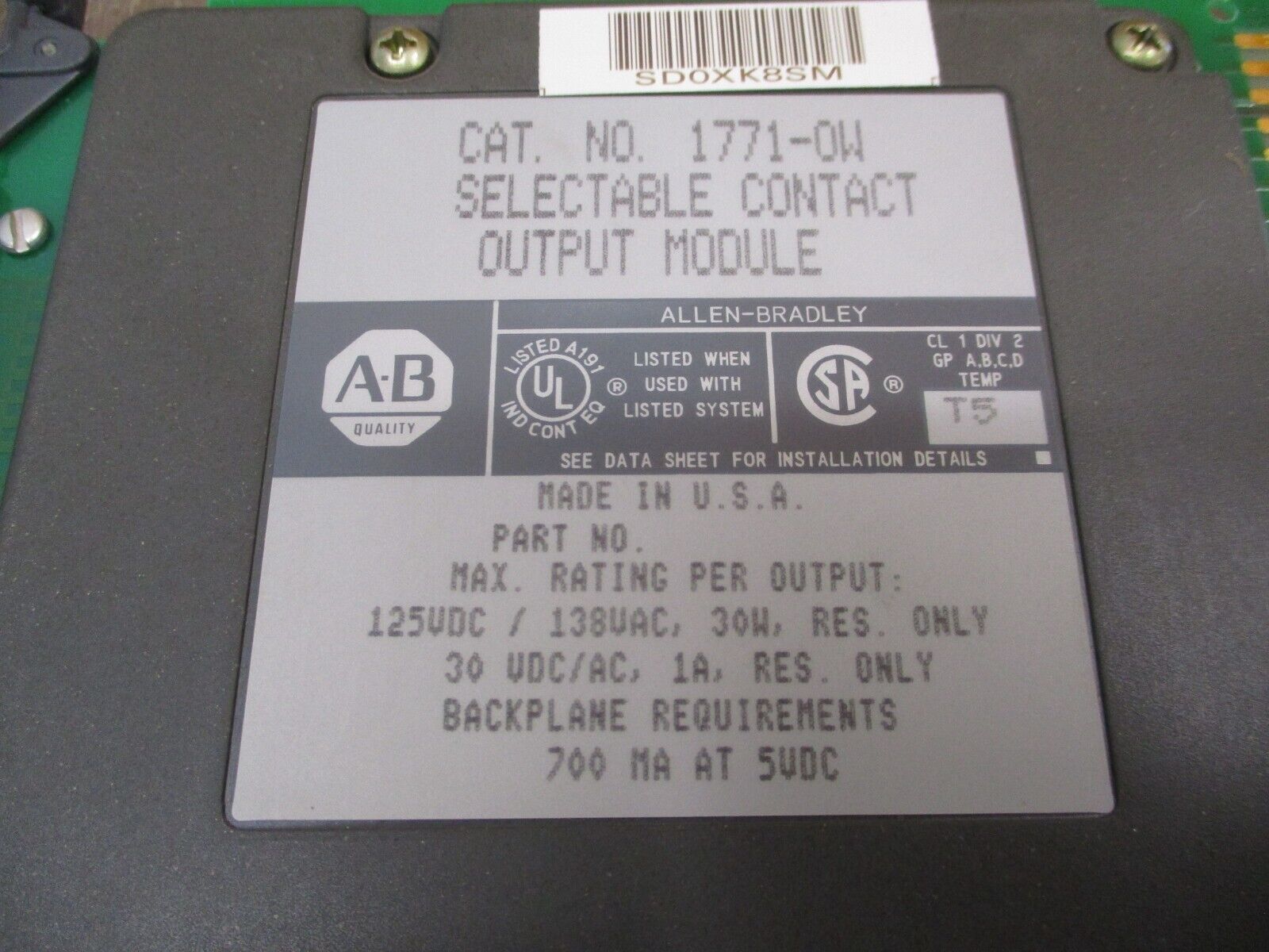 Allen-Bradley Selectable Contact Output Module 1771-OW 700mA @ 5VDC Used