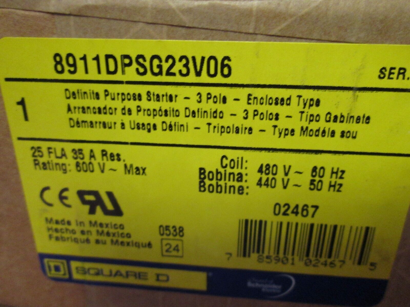 Square D Enclosed Starter 8911DPSG23V06 10HP Max 480V Coil 3P Nema 1 New Surplus