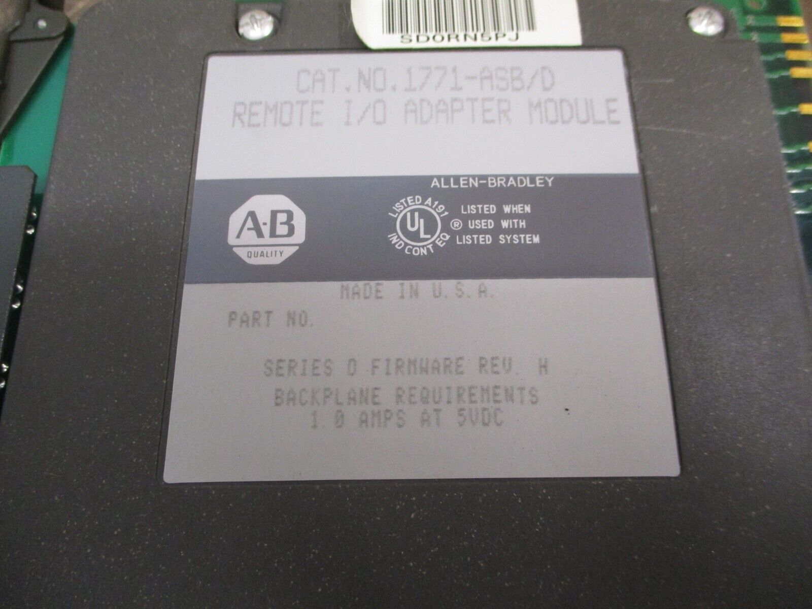 Allen-Bradley Remote I/O Adapter Module 1771-ASB D Ser. D F/W Rev. H Used
