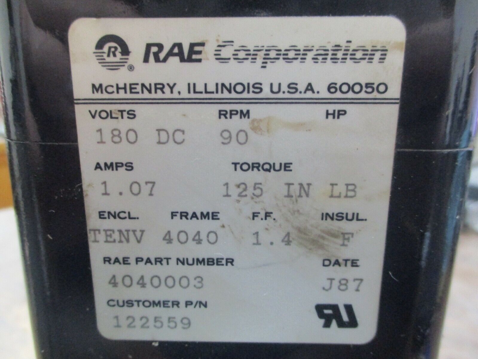 RAE DC Conveyer Motor 4040003 180VDC 90RPM 1.07A FR: 4040 ENCL: TENV Used