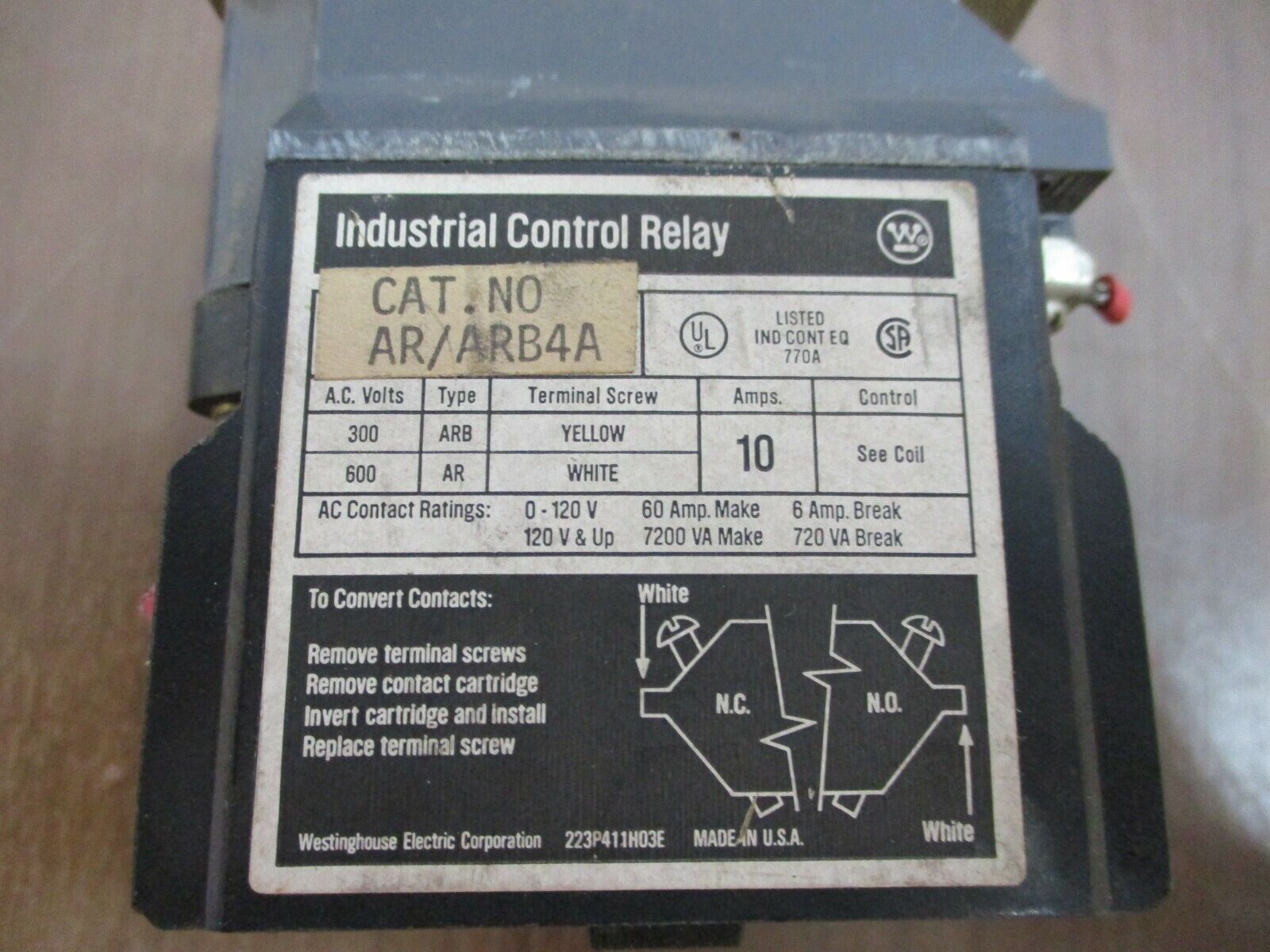 Westinghouse, Control Relay, Part#:AR/ARB4A, 120V coil, 10A, 600V, used