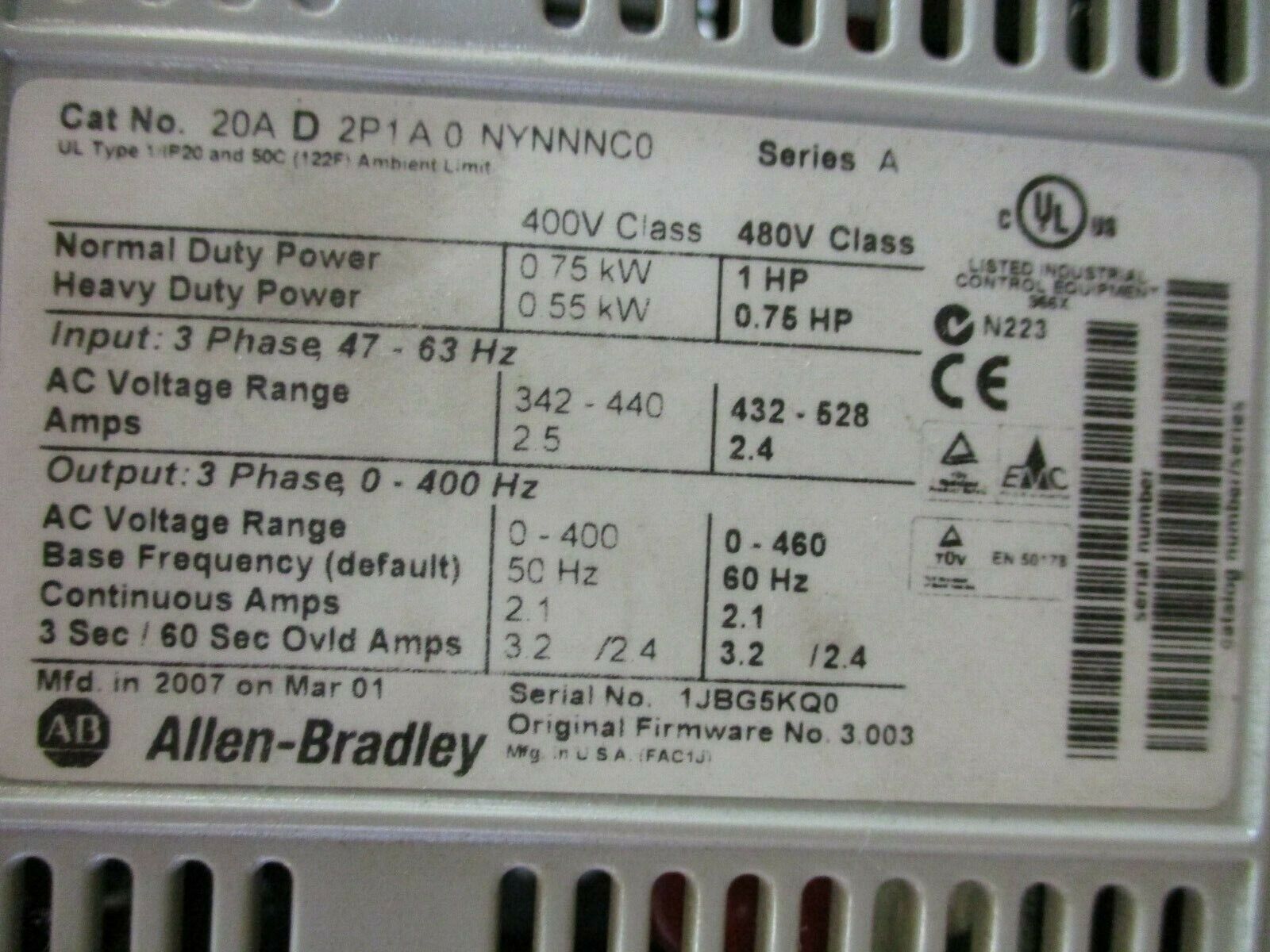 Allen-Bradley PowerFlex 70 AC Drive 20AD2P1A0NYNNNC0 1HP 3Ph *No Keypad* Used