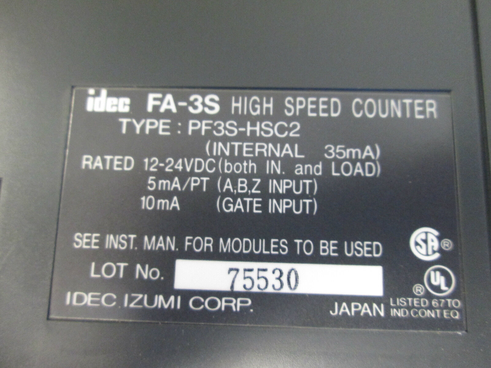 IDEC FA-3S High Speed Counter PF3S-HSC2 12-24VDC A,B,Z In: 5mA/PT Gate In: 10mA