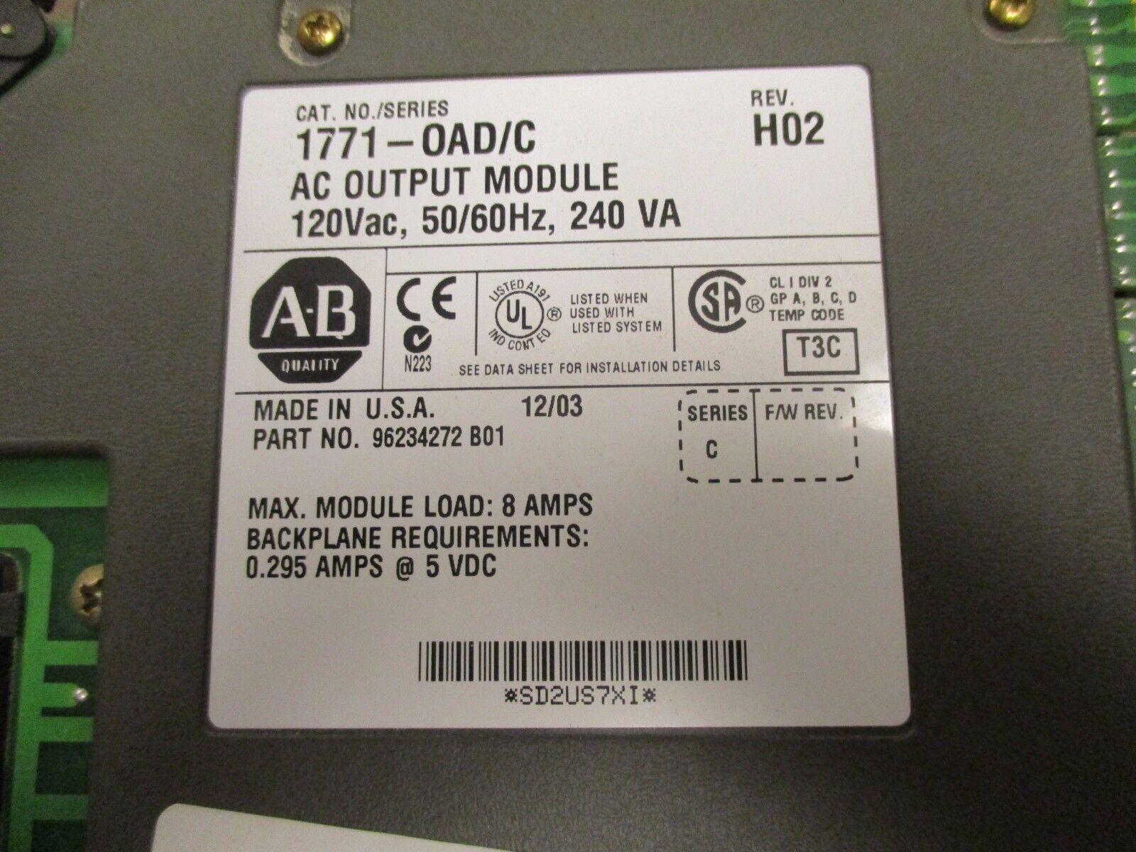 Allen-Bradley AC Output Module 1771-OAD/C 120V 50/60Hz 240VA Rev: H02 Used