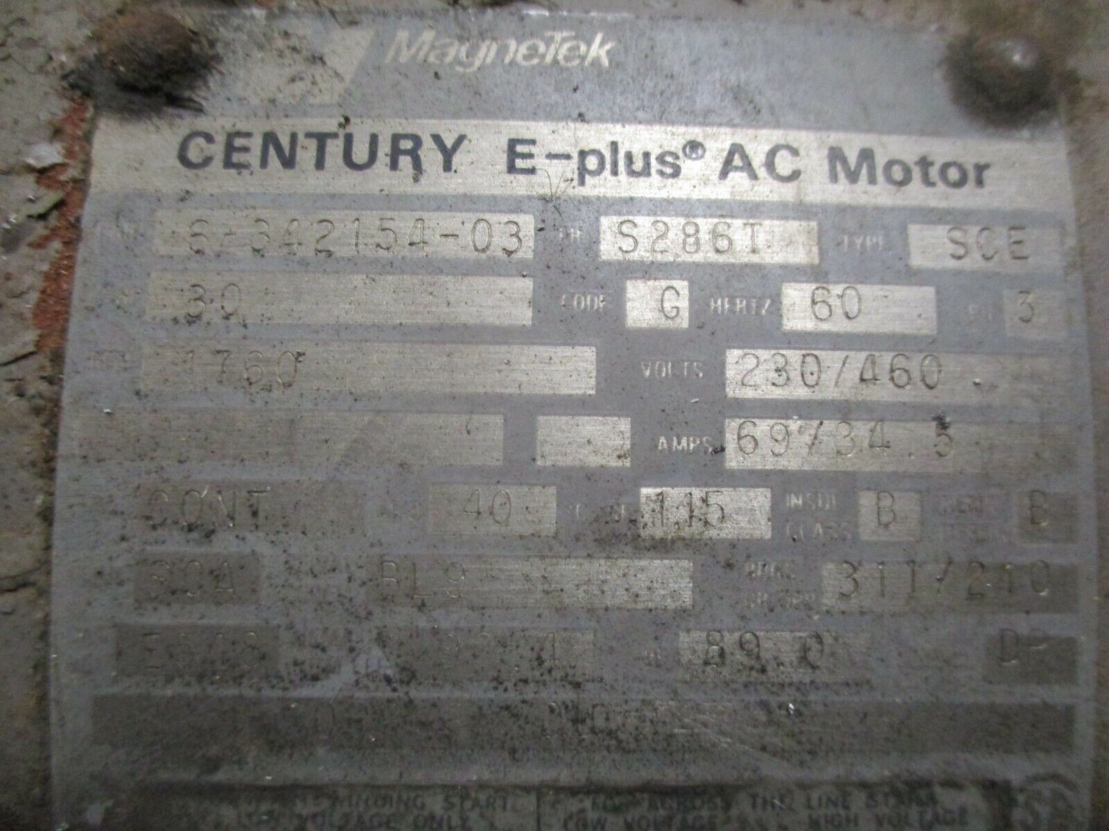 Magnetek Century E-Plus AC Motor 6-342154-03 30HP 1800RPM 230/460V 69/34.5A Used