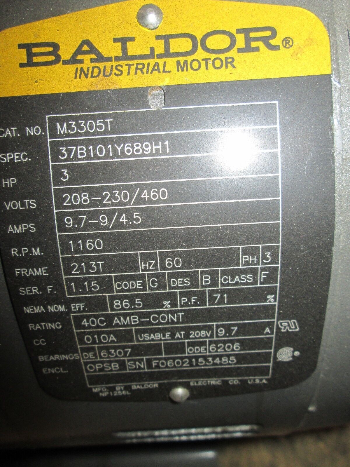 Baldor Motor M3305T 3HP 208-230/460V 9.7-9/4.5A 1160RPM 3Ph 60Hz Used